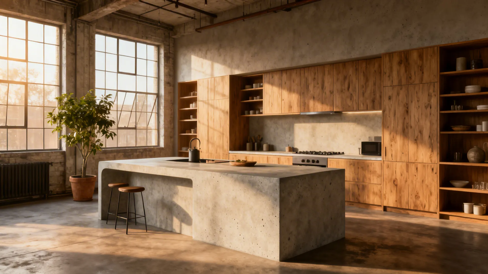 Loft kitchen with warm honed concrete countertop and oak cabinets in soft daylight
