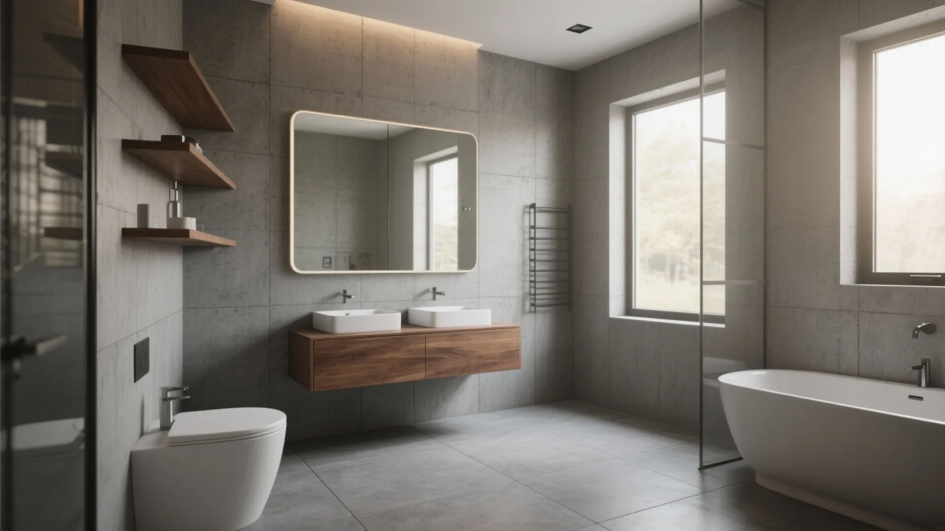 Spacious bathroom with grey tile walls walnut floating cabinet double sinks white bathtub and windows