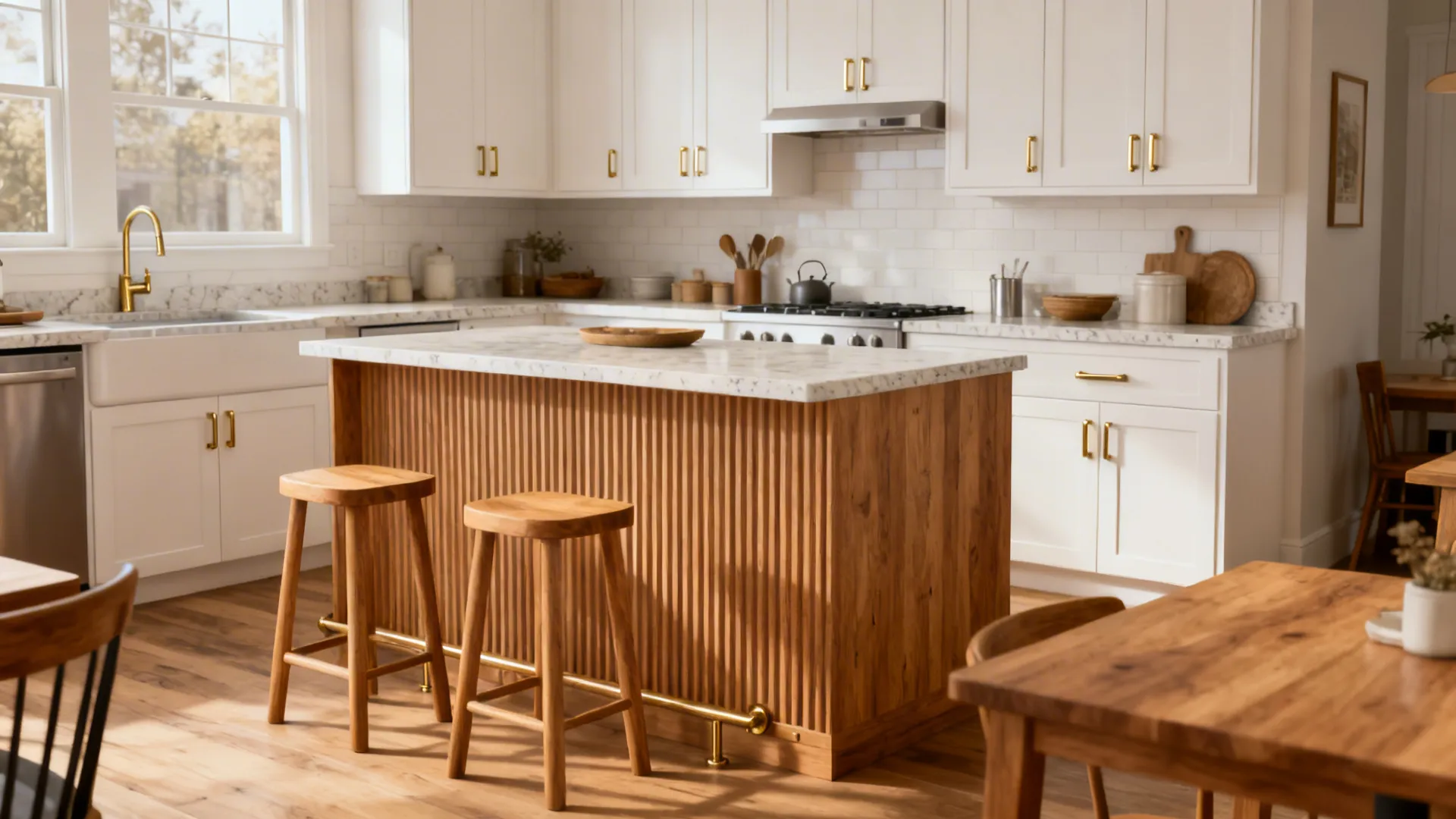 Compact white kitchen softened by oak stools and a ribbed wood island panel with brass accents.