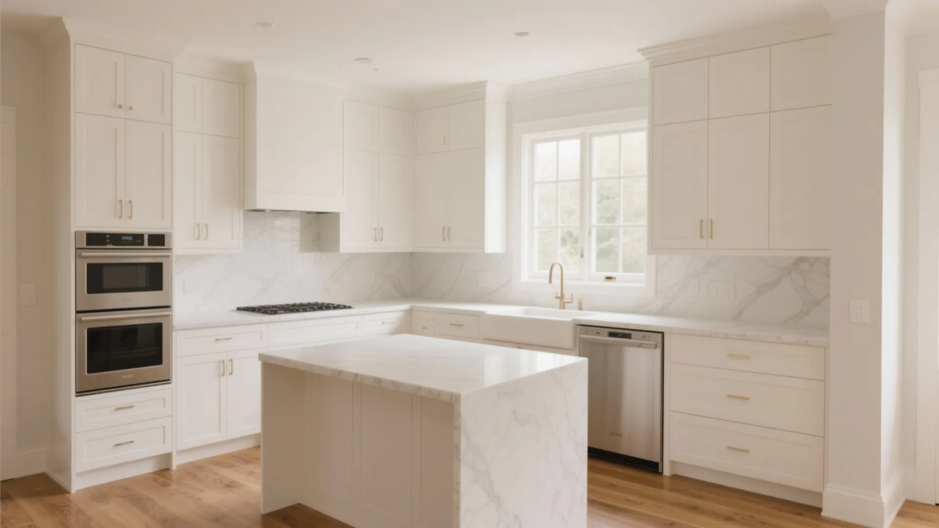 Bright white kitchen featuring marble island double wall oven window and light wood floor layout