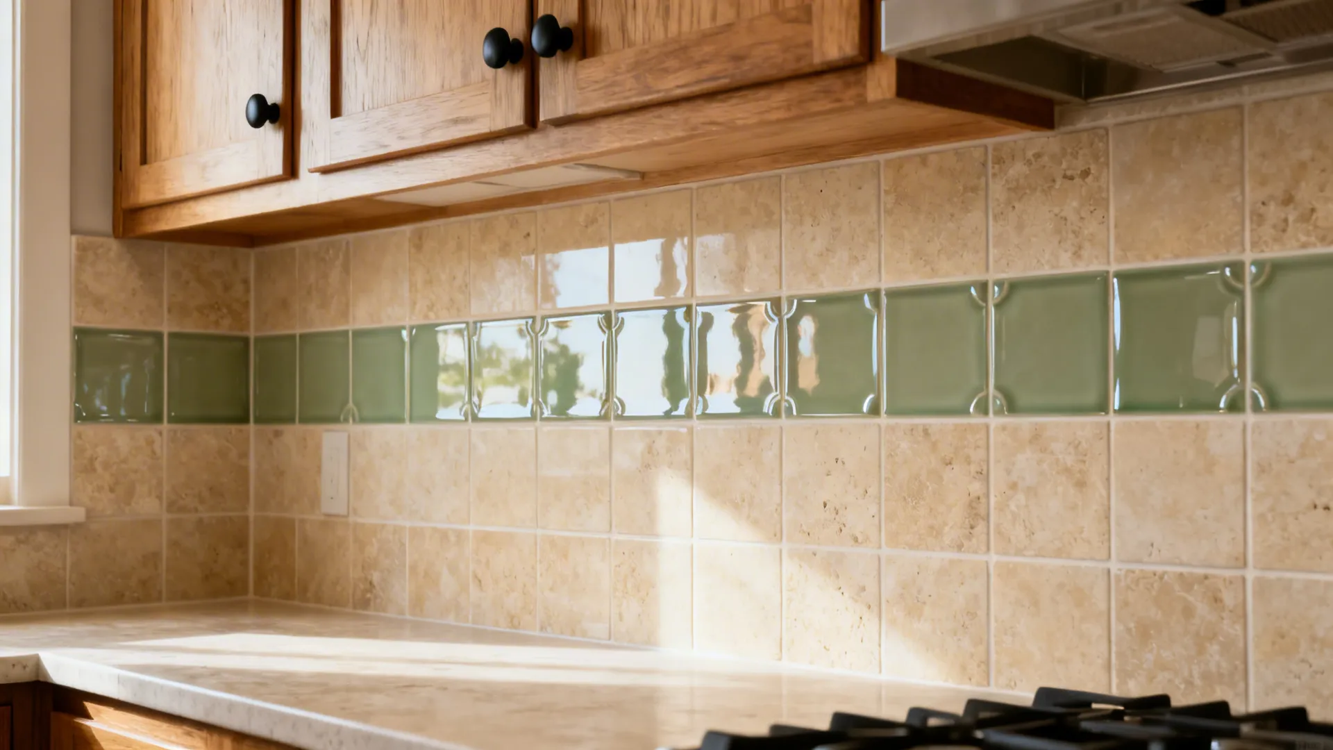 Sandy stone-look field tiles paired with sage-green glossy inserts for a warm-cool balance.