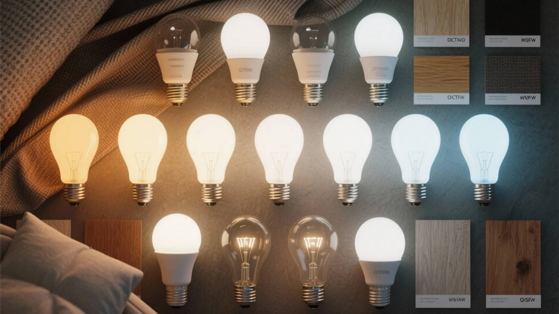 A collection of light bulbs showing different color temperatures ranging from warm yellow to cool