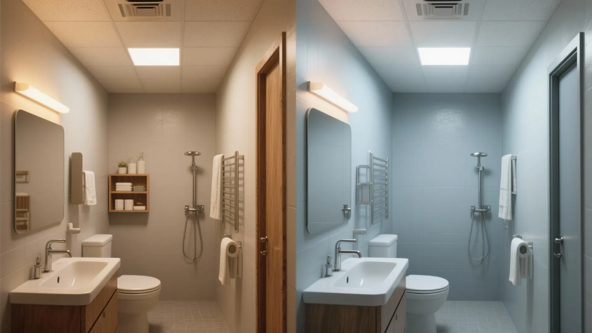 Split comparison of warm greige bathroom versus cool blue-gray bathroom to show mood differences.