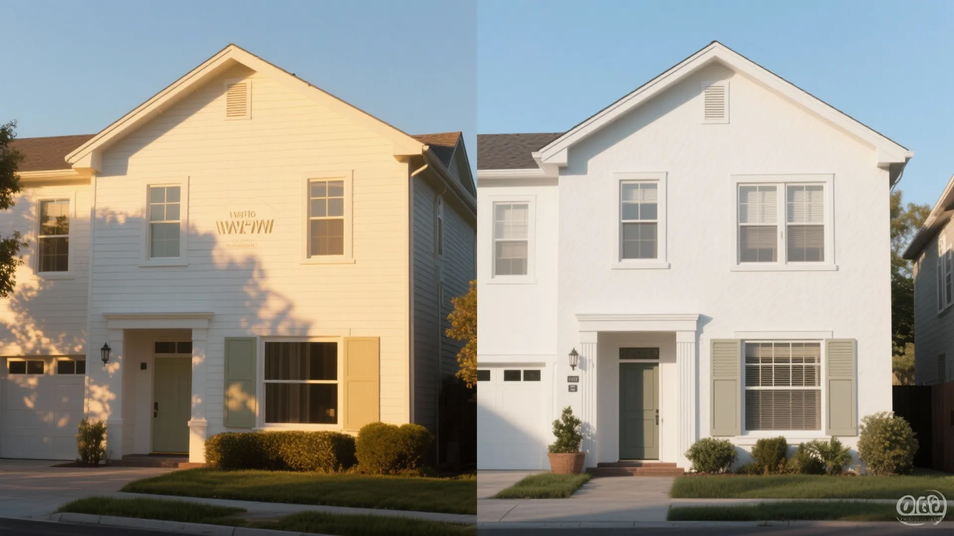 Before and after comparison of house exterior lighting showing warm sunset glow versus bright daylight