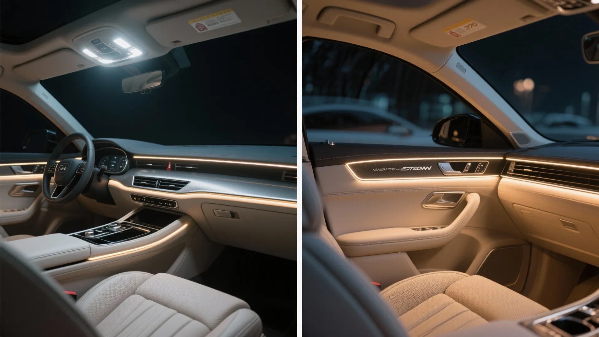 Comparison of car interior views showing warm light on dashboard and door panel with seat