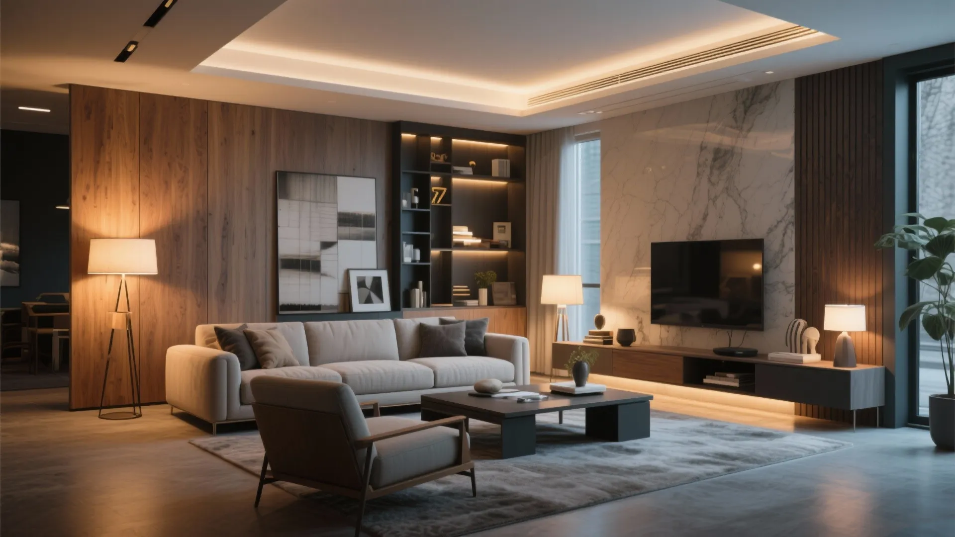 Cozy living room interior featuring wood wall panel floor lamps grey sofa and television set