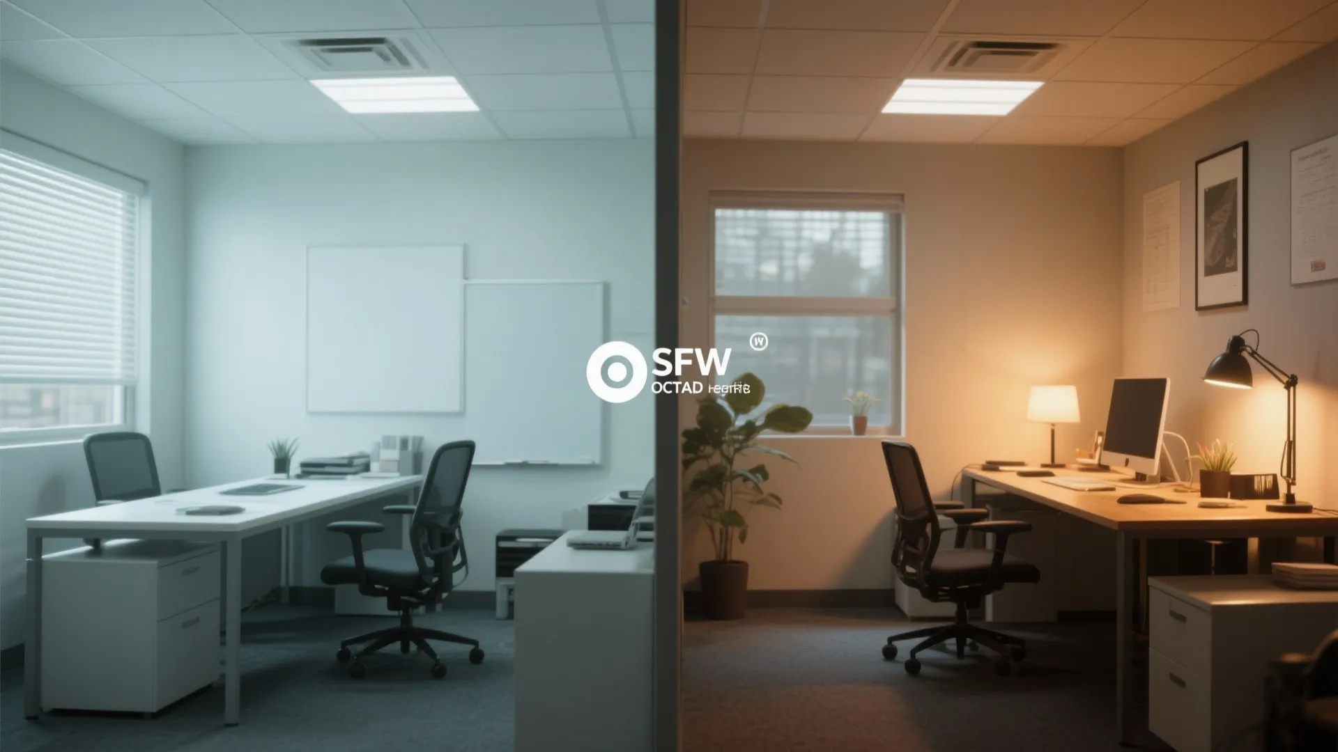 Small office with side-by-side cool and warm lighting setups