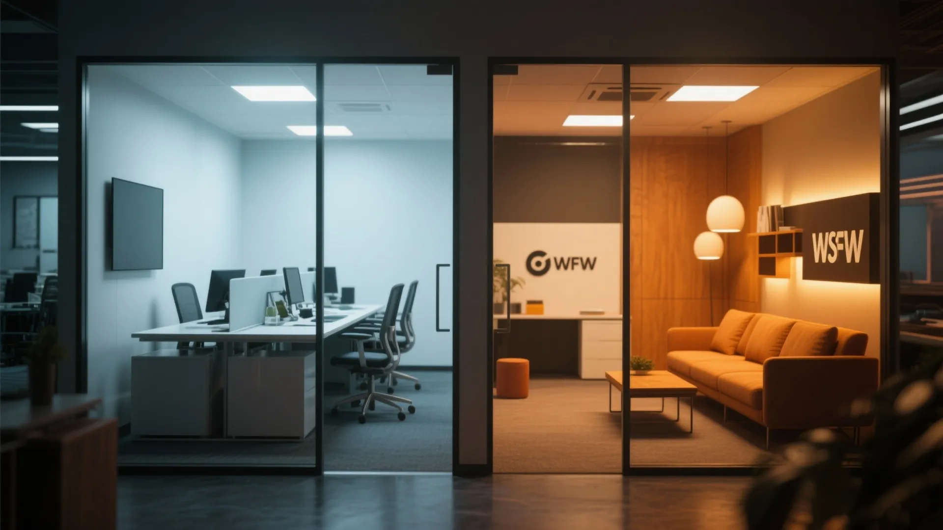Side by side office rooms showing cool white workstation lighting versus warm yellow lounge lighting