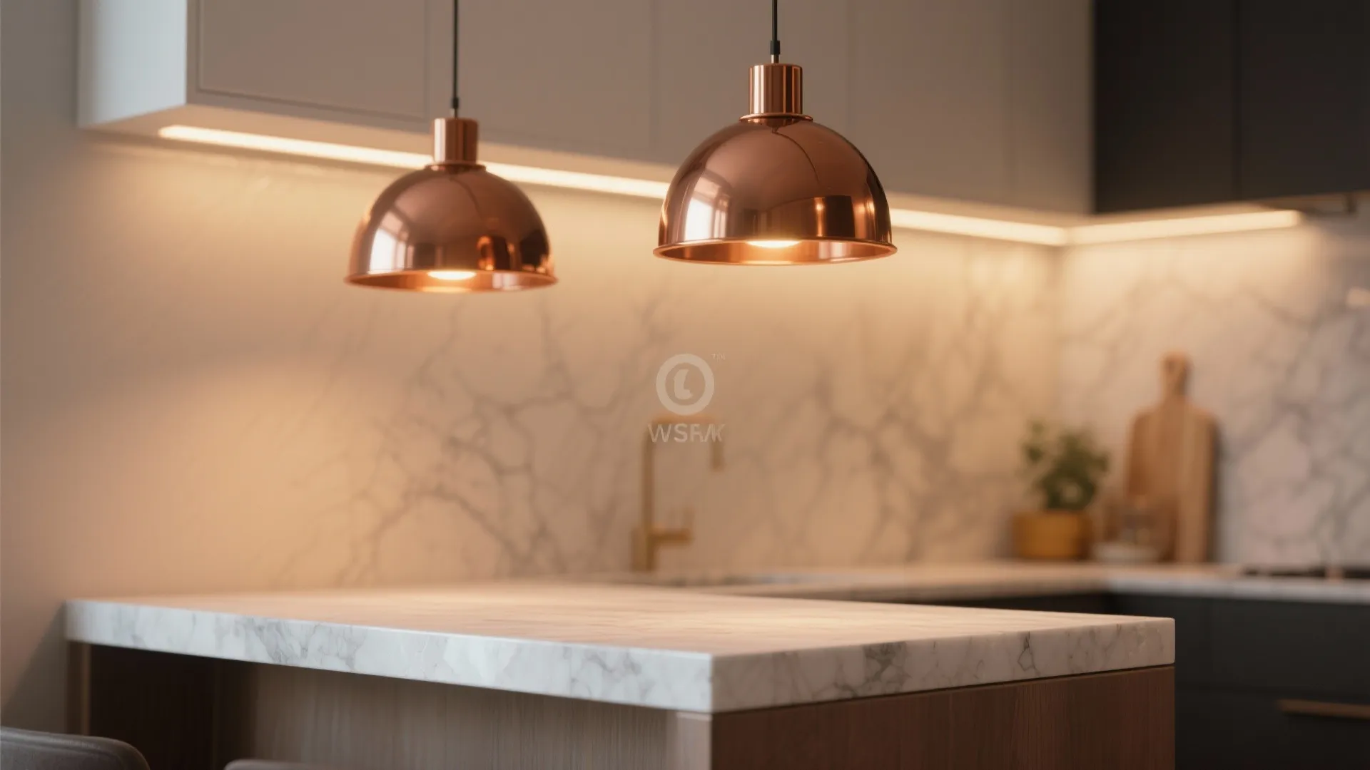Two copper ceiling lights hanging over white marble kitchen island with warm glowing light background