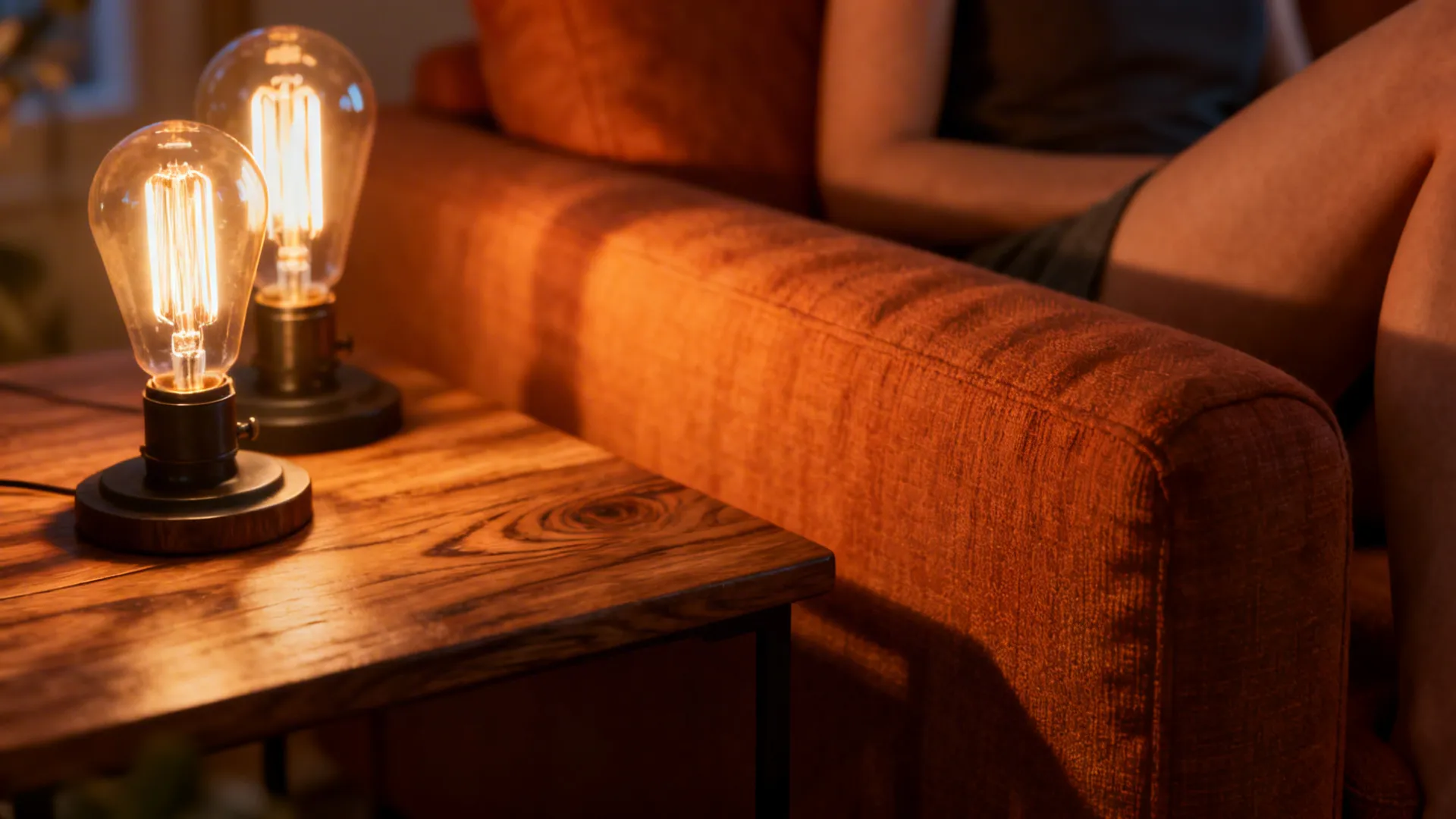 Living room corner lit by warm 2700K light highlighting wood and warm fabrics.
