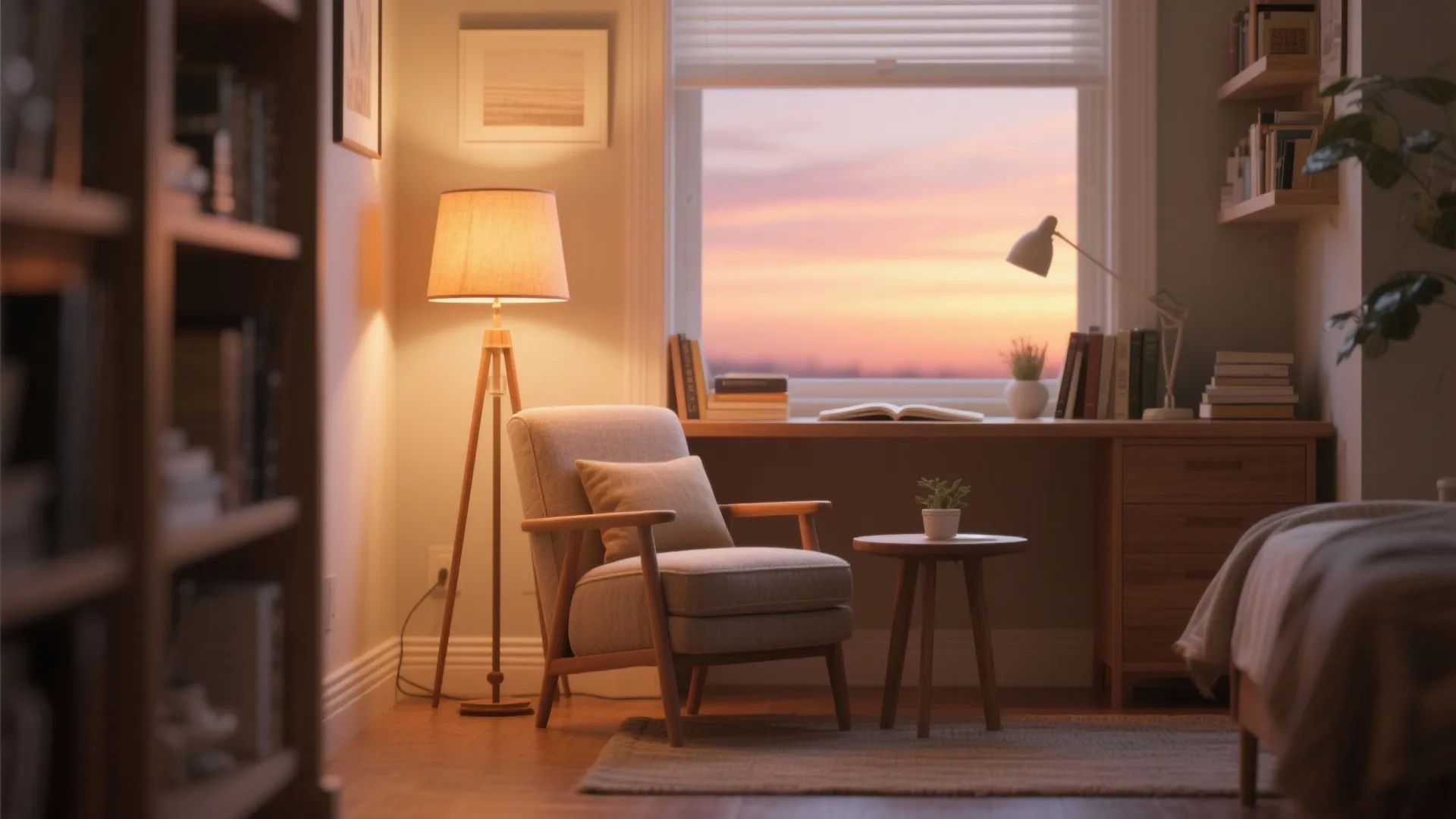 Cozy reading corner with grey sofa chair tall floor light wooden table and sunset view
