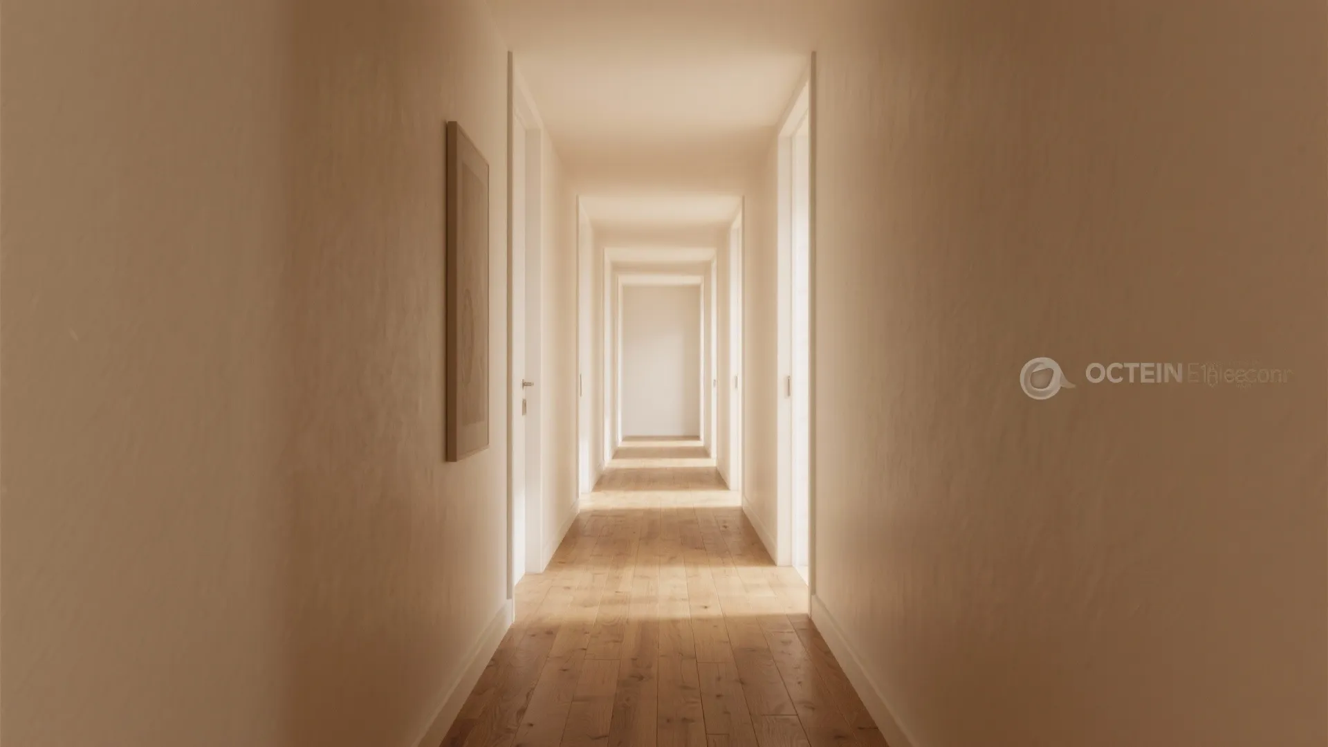 Narrow corridor painted floor-to-ceiling in warm beige, showing long perspective and wooden flooring.