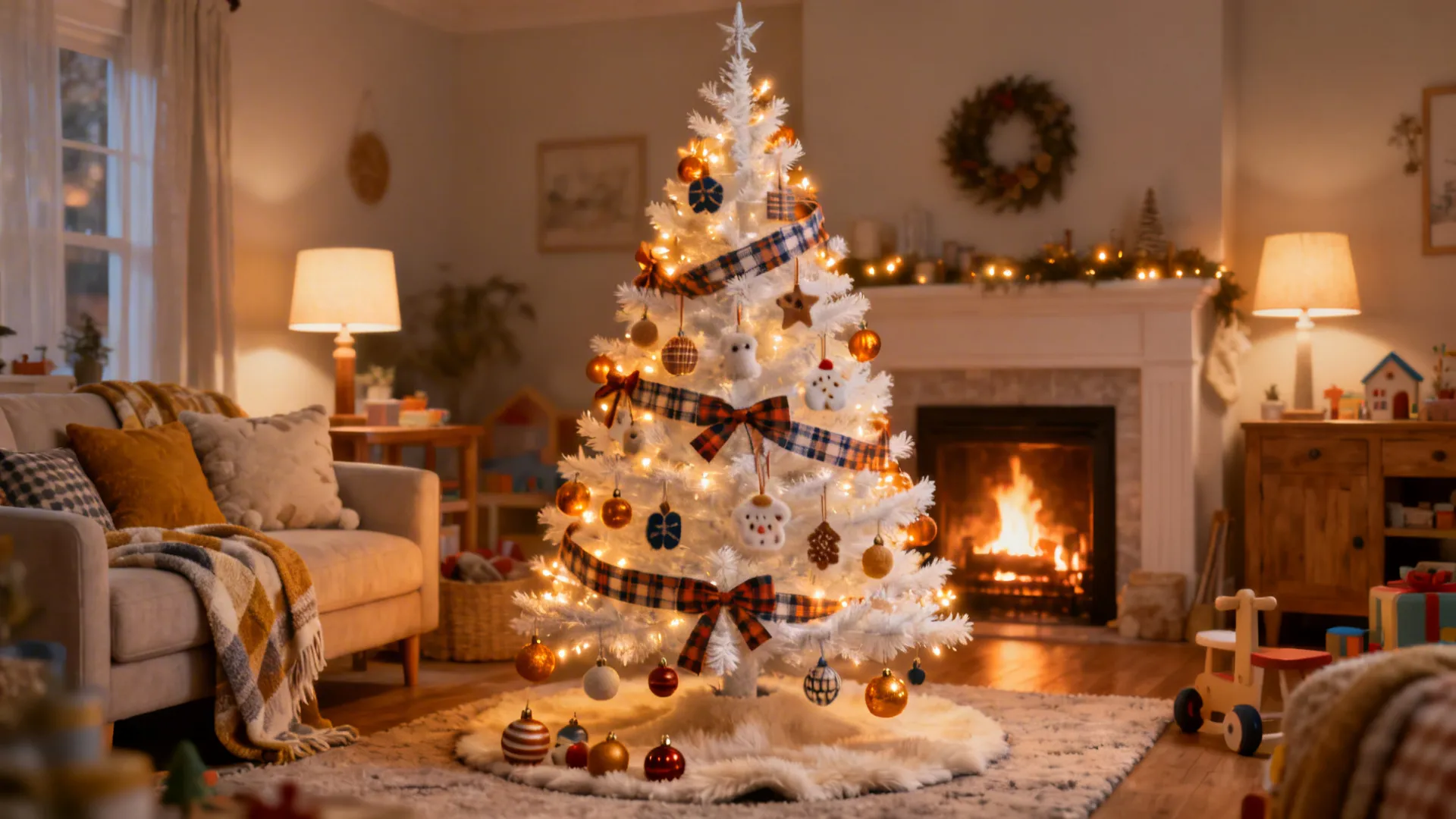 Cozy white tree with plaid ribbons, amber lights and felt ornaments in a family room.