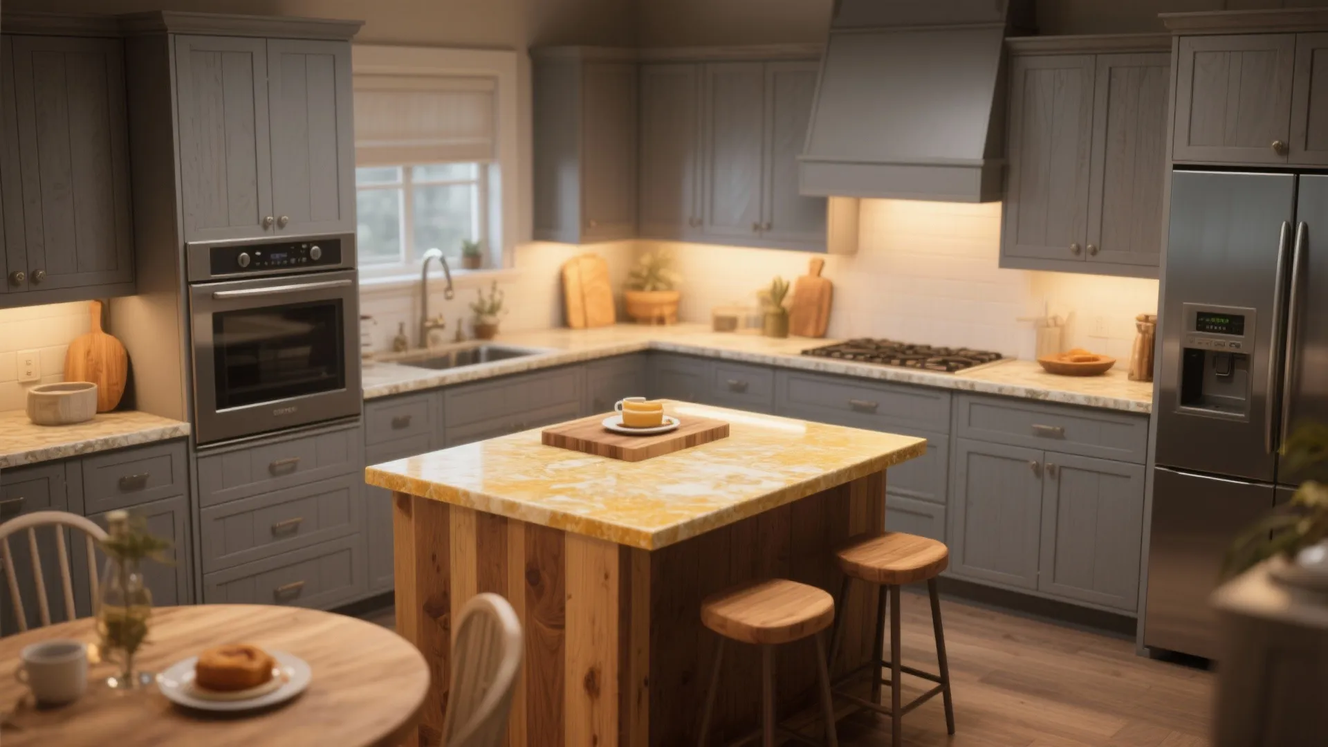 3. Grey Wood with Warm Countertops