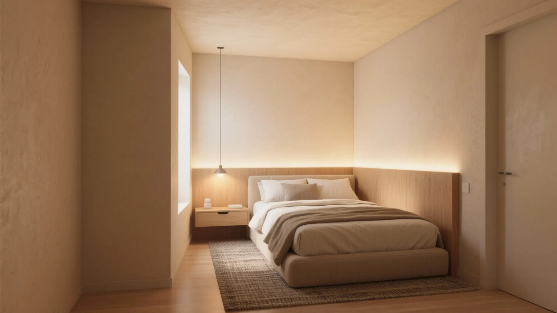 Minimalist bedroom with warm lighting wooden headboard bedside table ceiling light soft bedding and rug