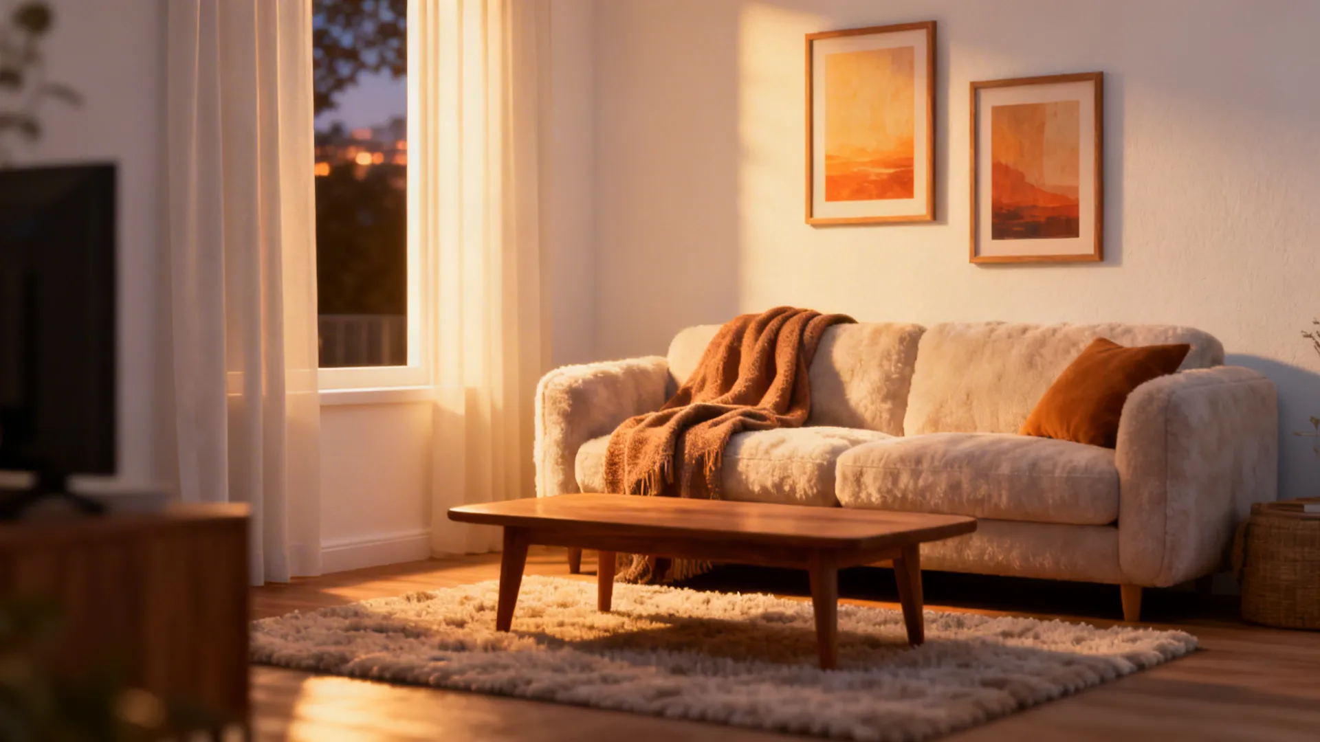 Cozy living room illuminated by warm 2700K light with sofa and soft textiles.