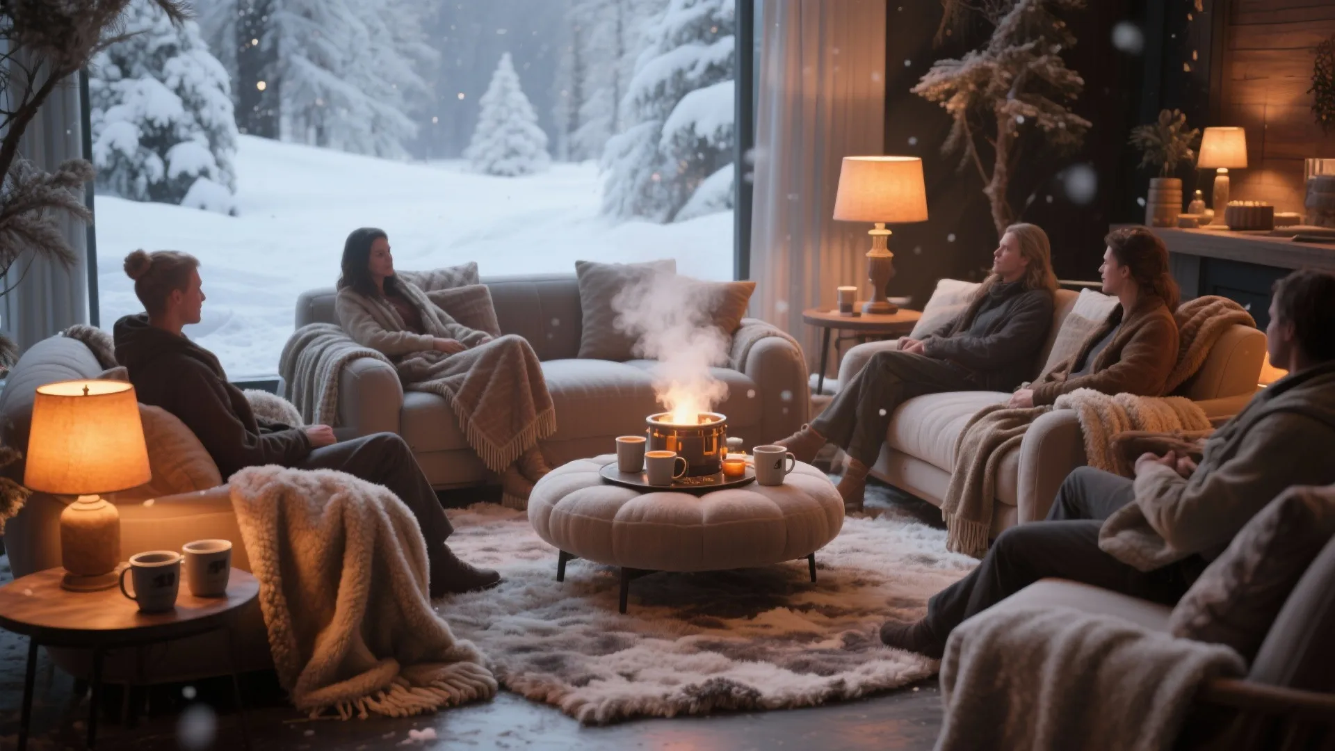 Group sitting on sofas around indoor fire feature with large window viewing snowy winter forest