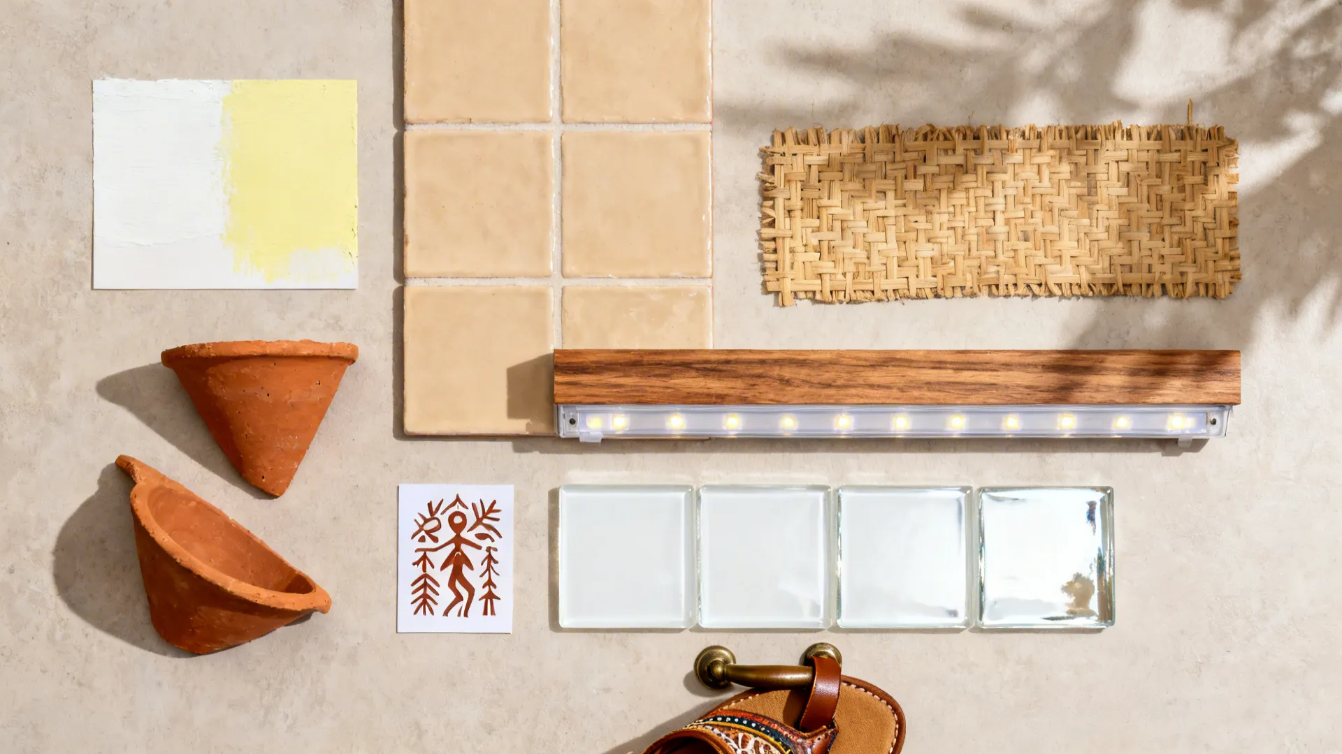 Flat lay of lime-wash paints, beige tiles, terracotta, cane weave, wood trim, glass tile, LED strip, and Warli motif.