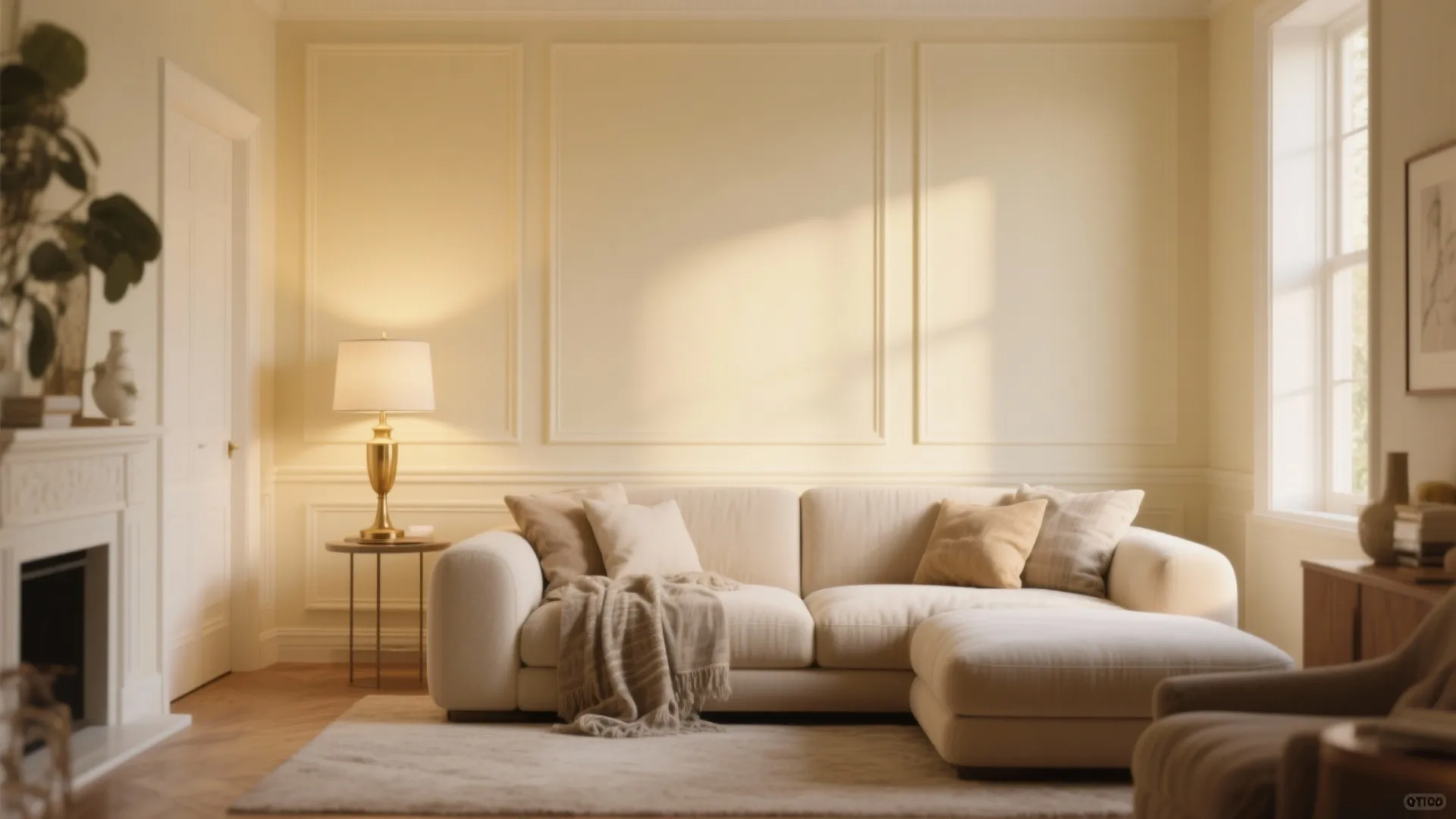 Warm cream living room with white sofa and wall panel plus gold table light fixture