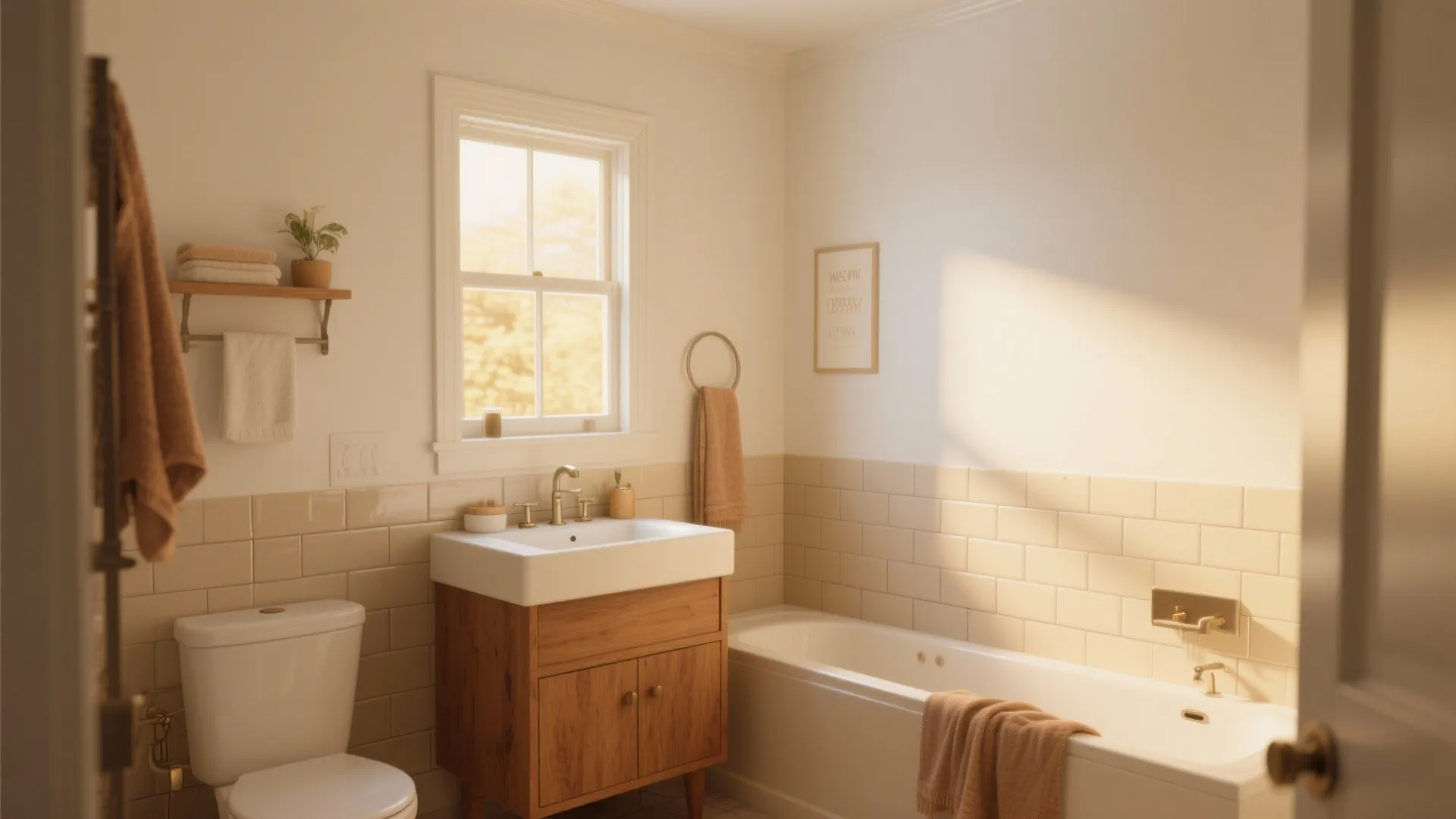 Small bathroom painted warm creamy white with wood vanity and soft daylight