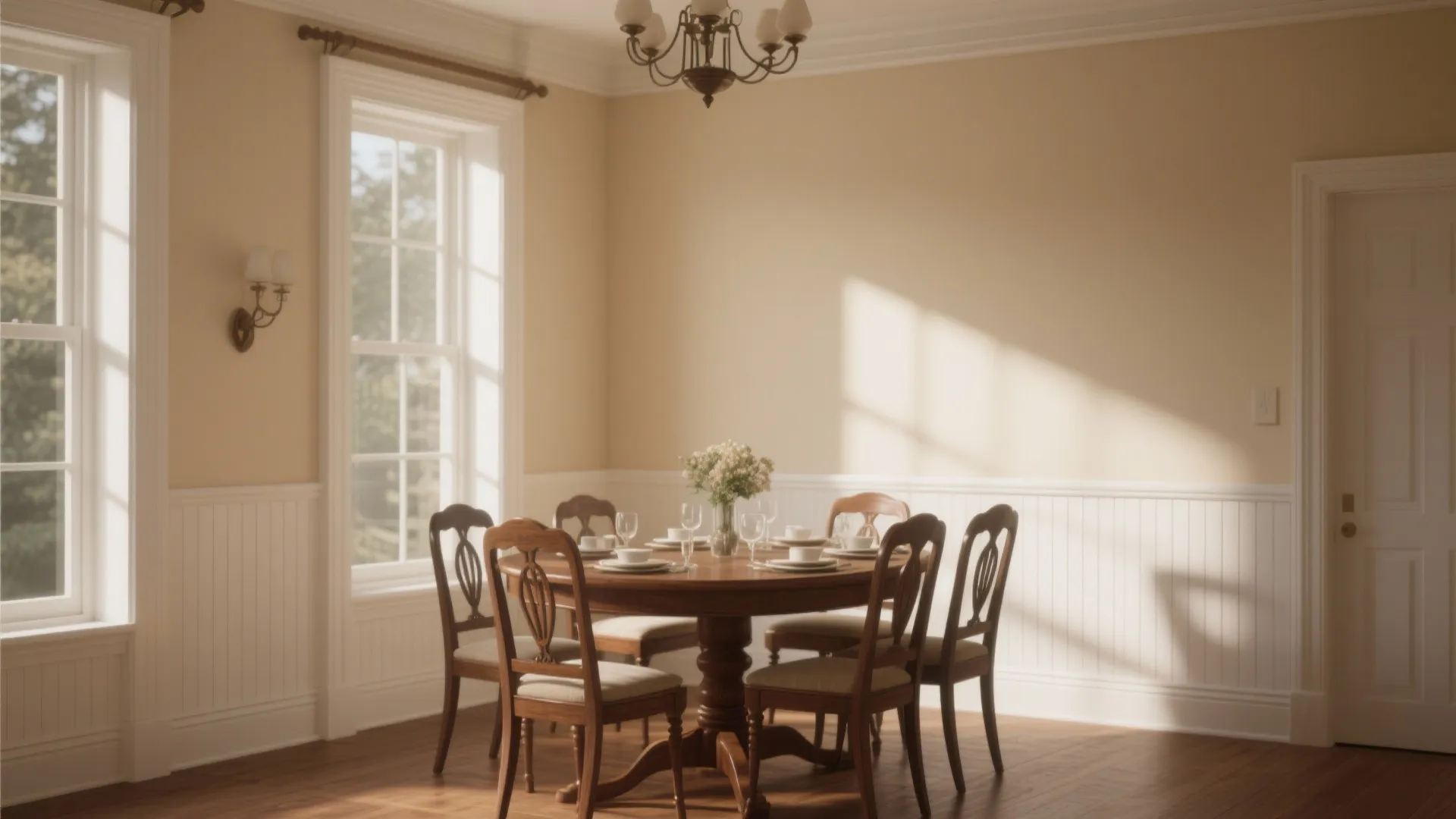 Classic dining room with cream walls round wooden table five chairs ceiling light and natural windows