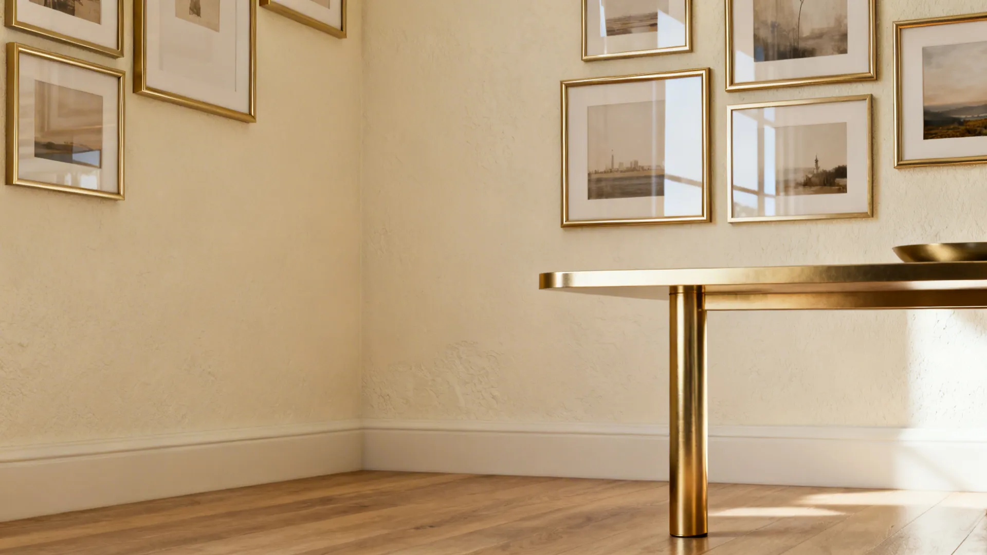 Warm cream walls with brushed-gold frames and slim gold coffee table leg in a small living room.
