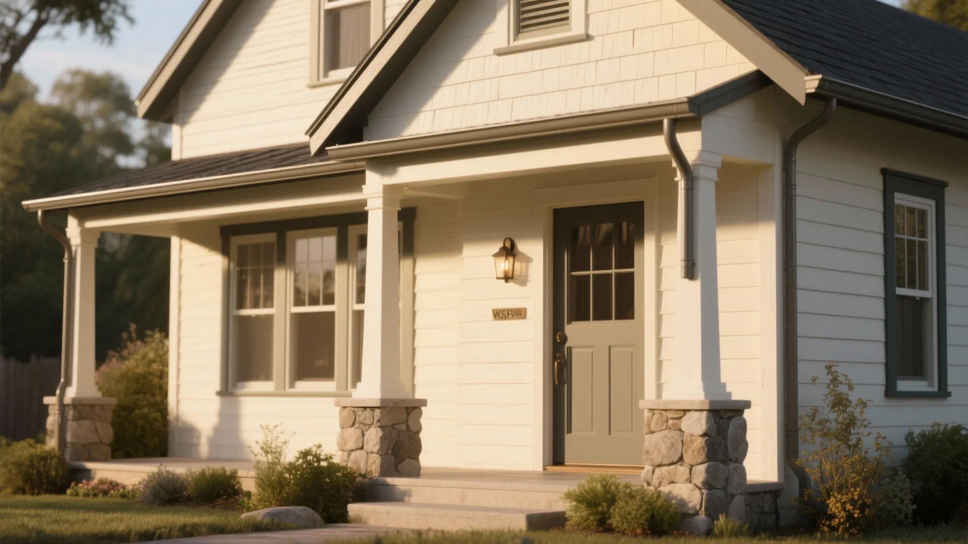 Traditional white house porch with stone pillars wooden door black wall light and small garden