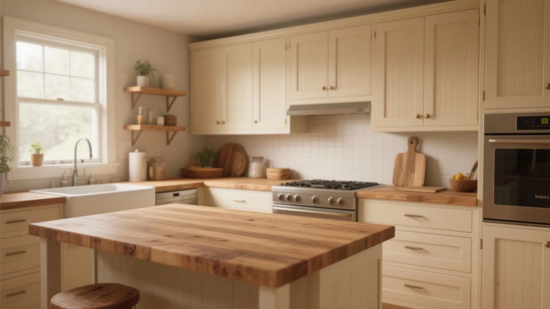 Cozy studio kitchen with warm cream cabinets and natural wood counters under soft daylight.