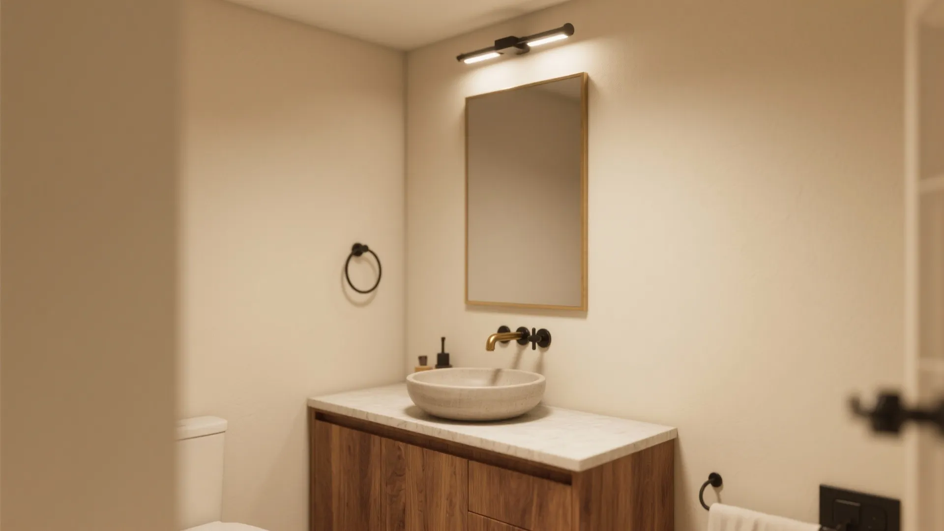1. Warm Cream + Natural Wood Vanity