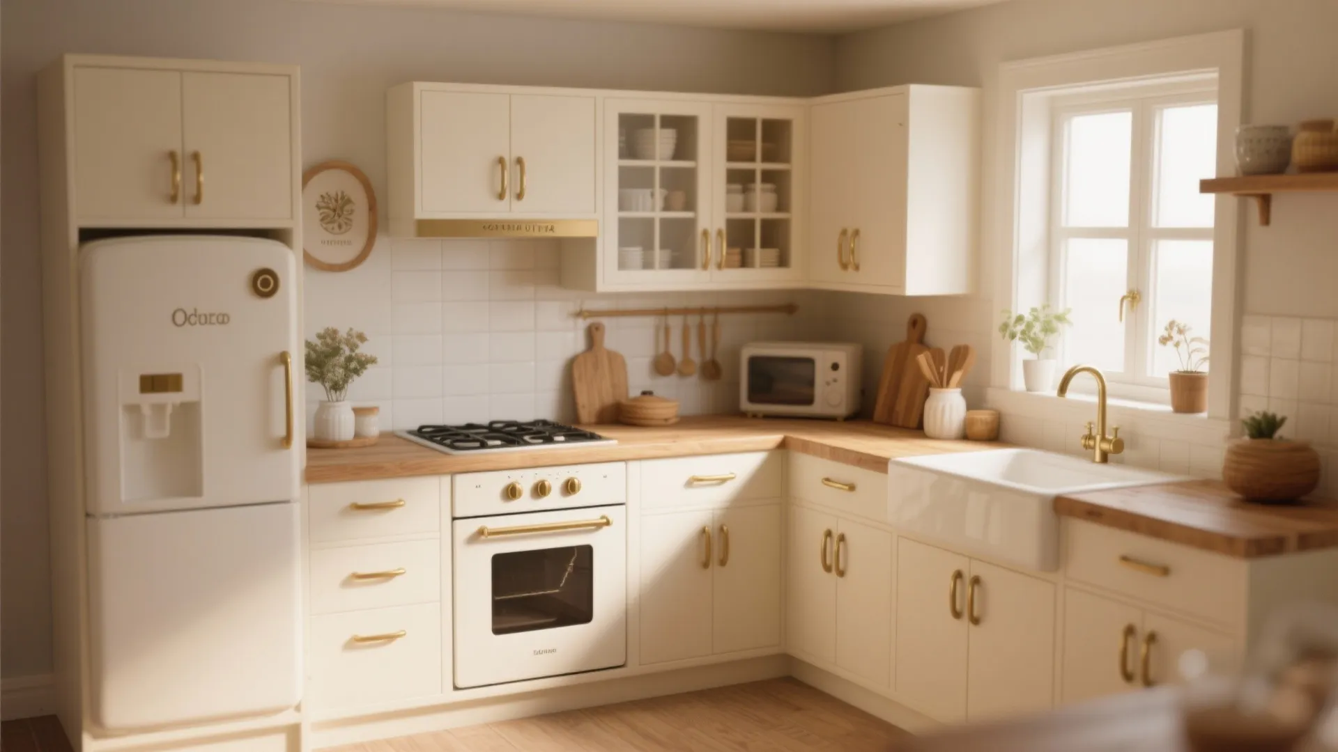 Creamy white kitchen with gold handles wooden countertop white retro fridge sink and window light