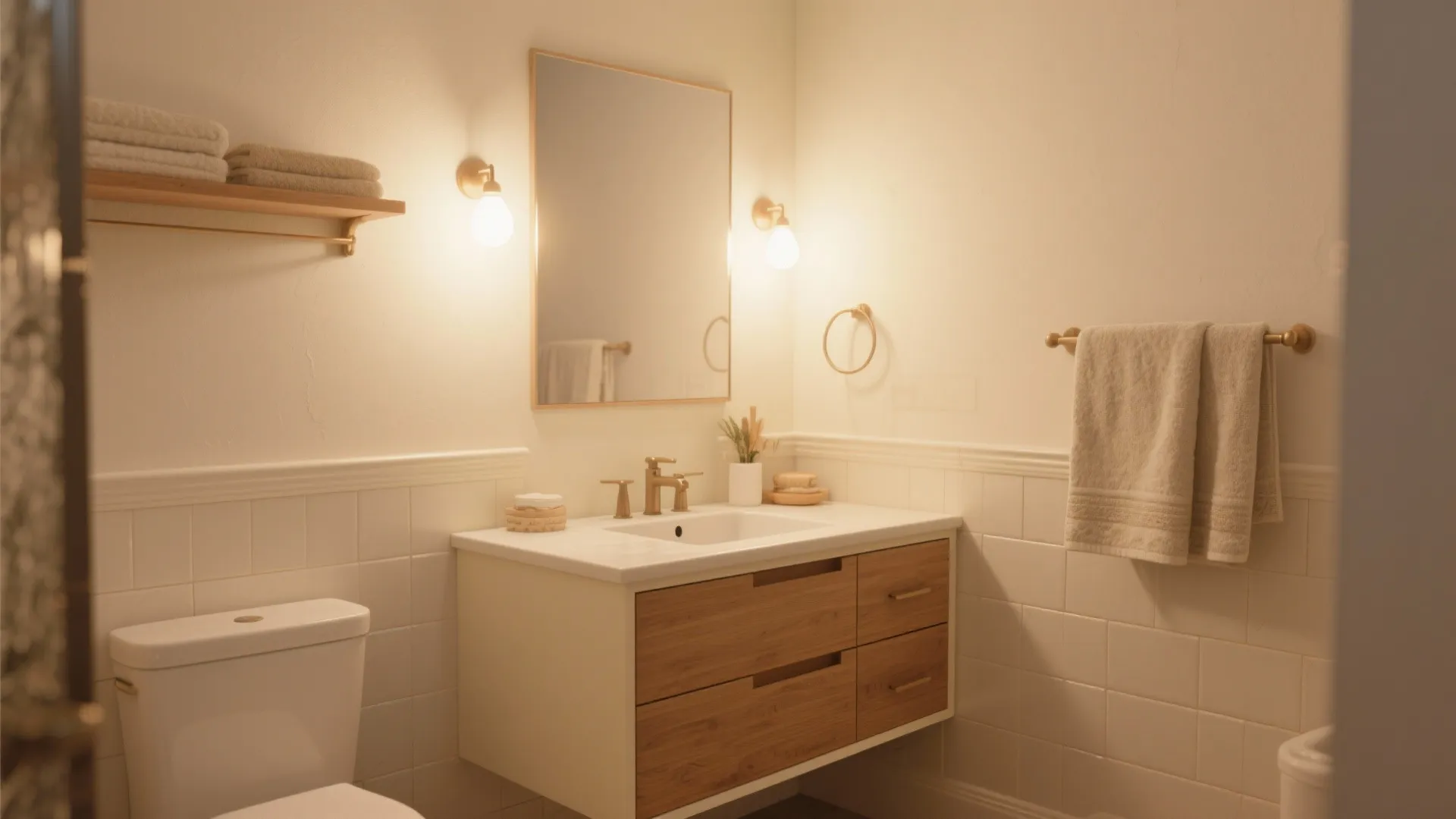 Cozy small bathroom with creamy warm-white walls, wood vanity and soft warm lighting