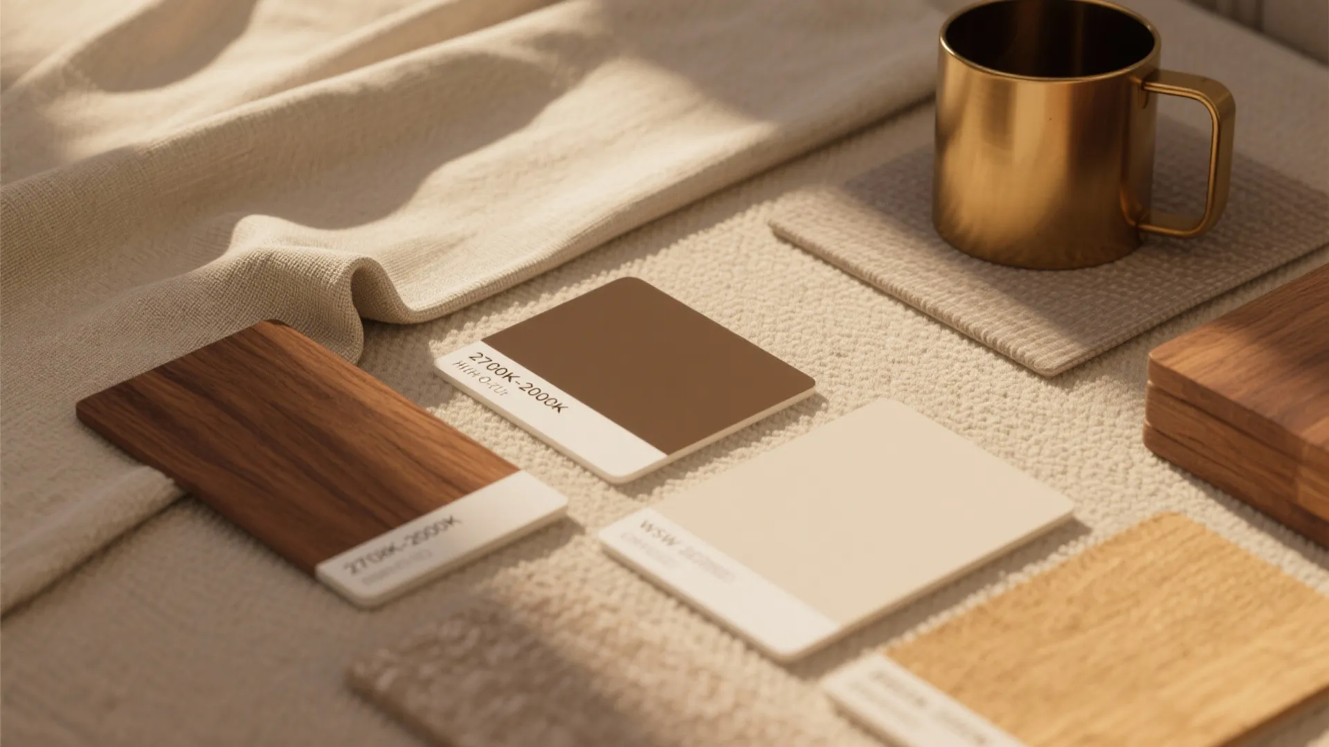 Material color swatches and wood samples placed on a fabric surface with a gold cup