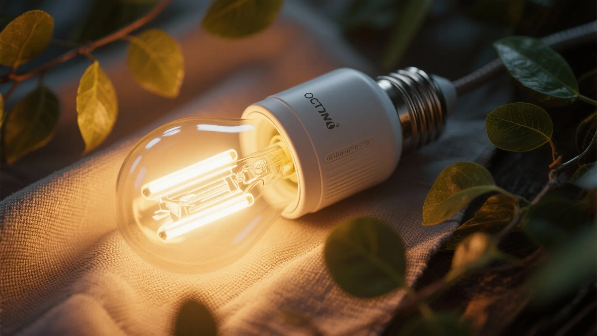 Close up view of a glowing light bulb resting on fabric with green leaves background
