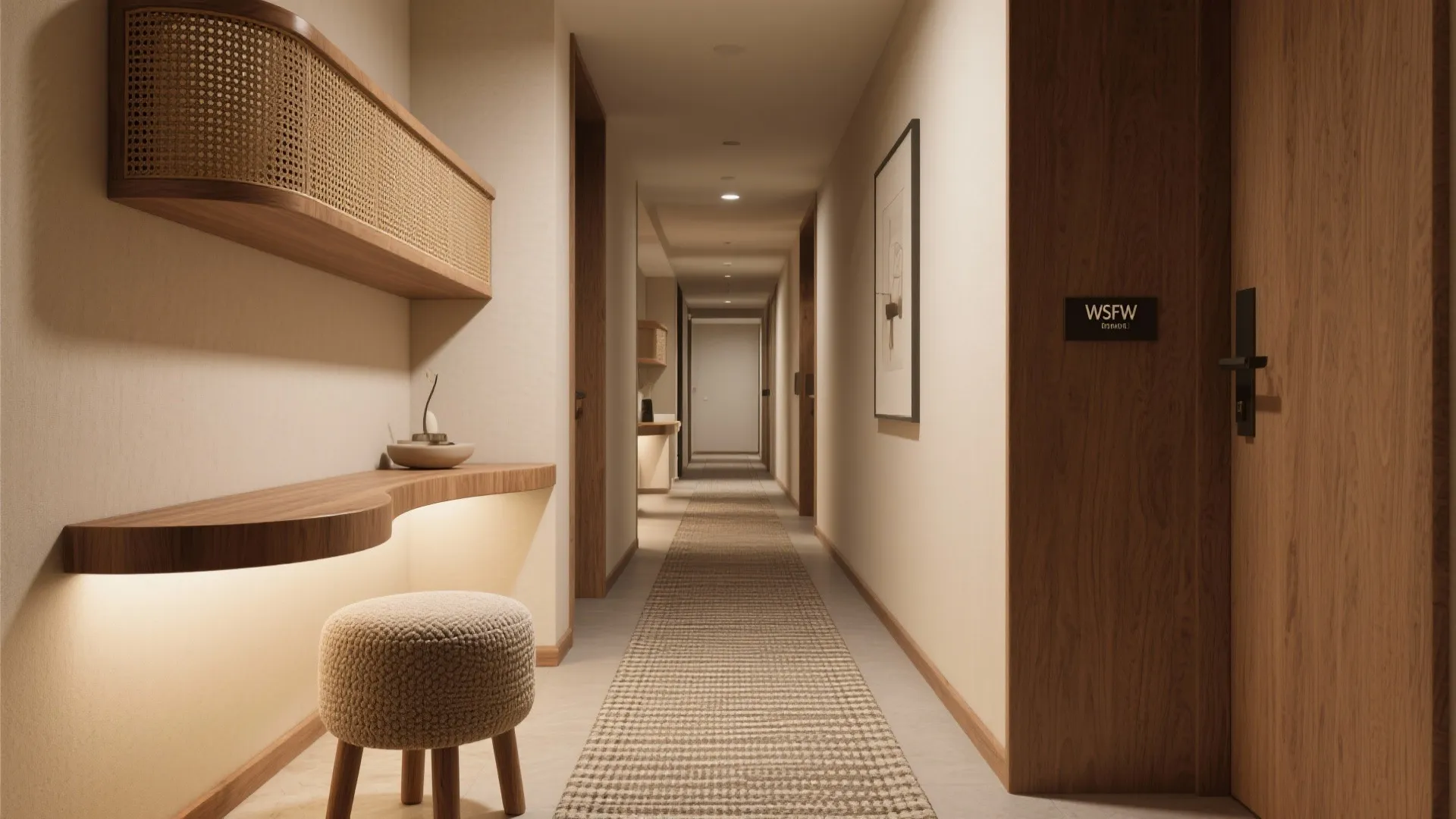 Long narrow hallway featuring warm wood doors wooden wall shelf small footrest and beige carpet runner