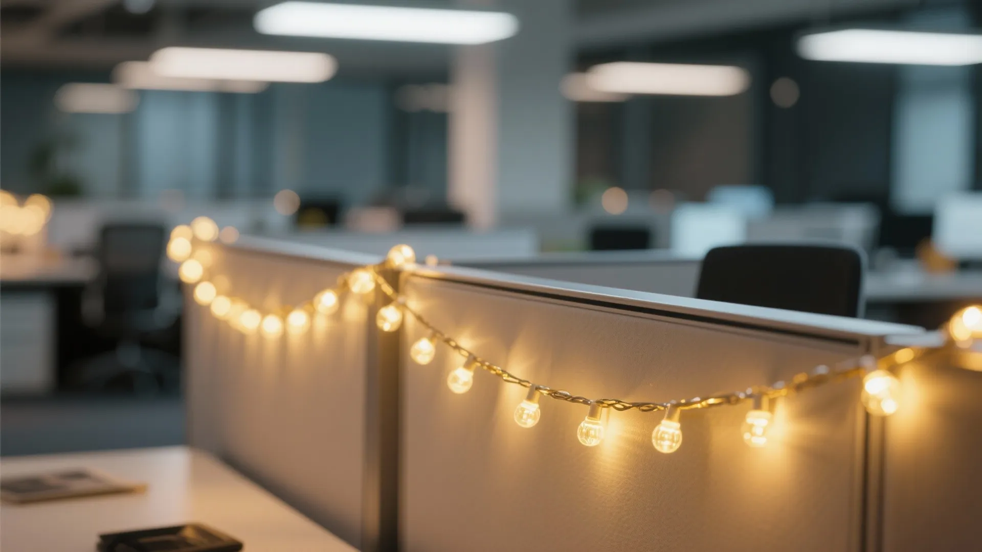 2. Warm String Lights Along Desks