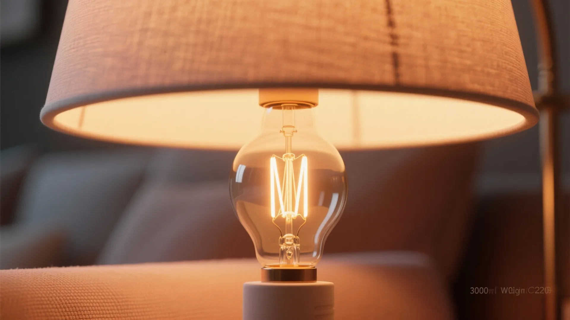 Close up of a glowing light bulb with warm amber light inside a fabric lamp