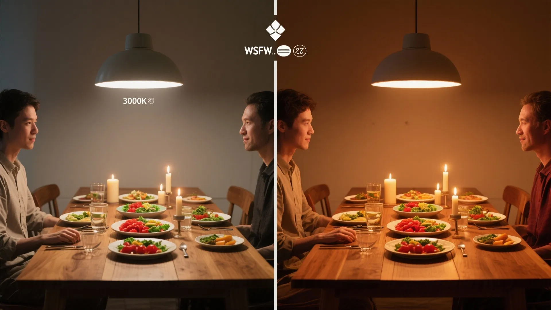 Before and after comparison of dining room lighting showing cool white versus warm yellow light effects