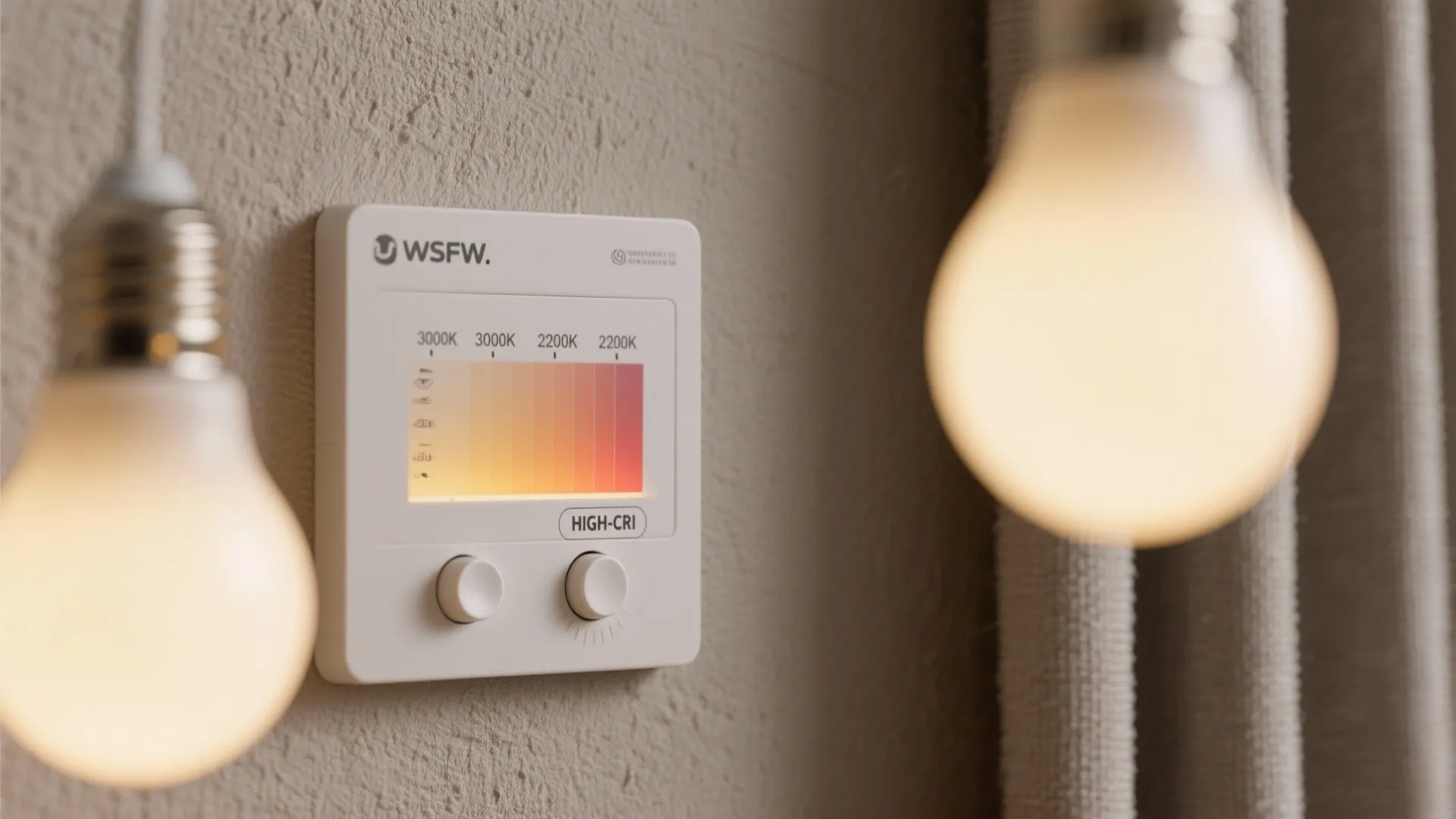 White wall dimmer switch with two knobs and color temperature display between warm glowing light bulbs