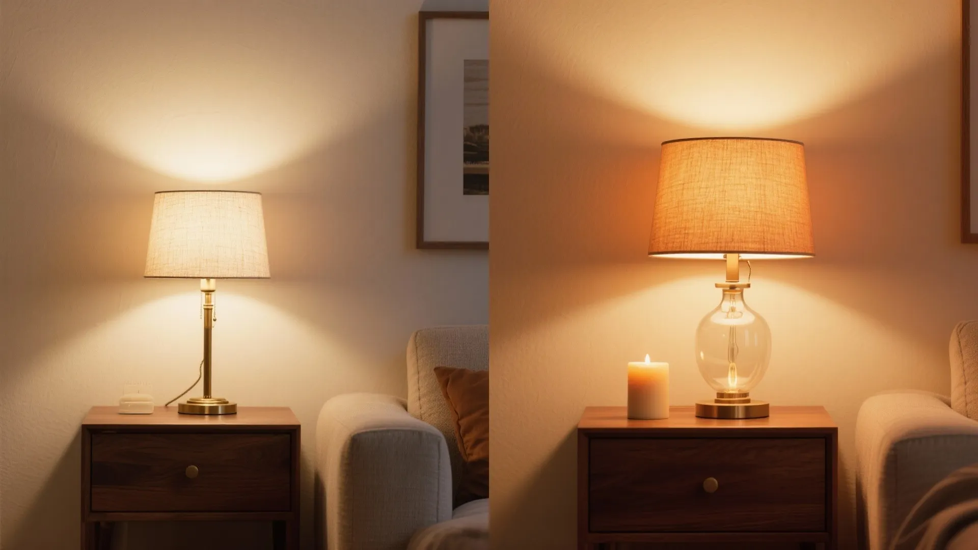 Before-and-after view showing 3000K versus 2200K warm-dim table lamp glow in a small living room.