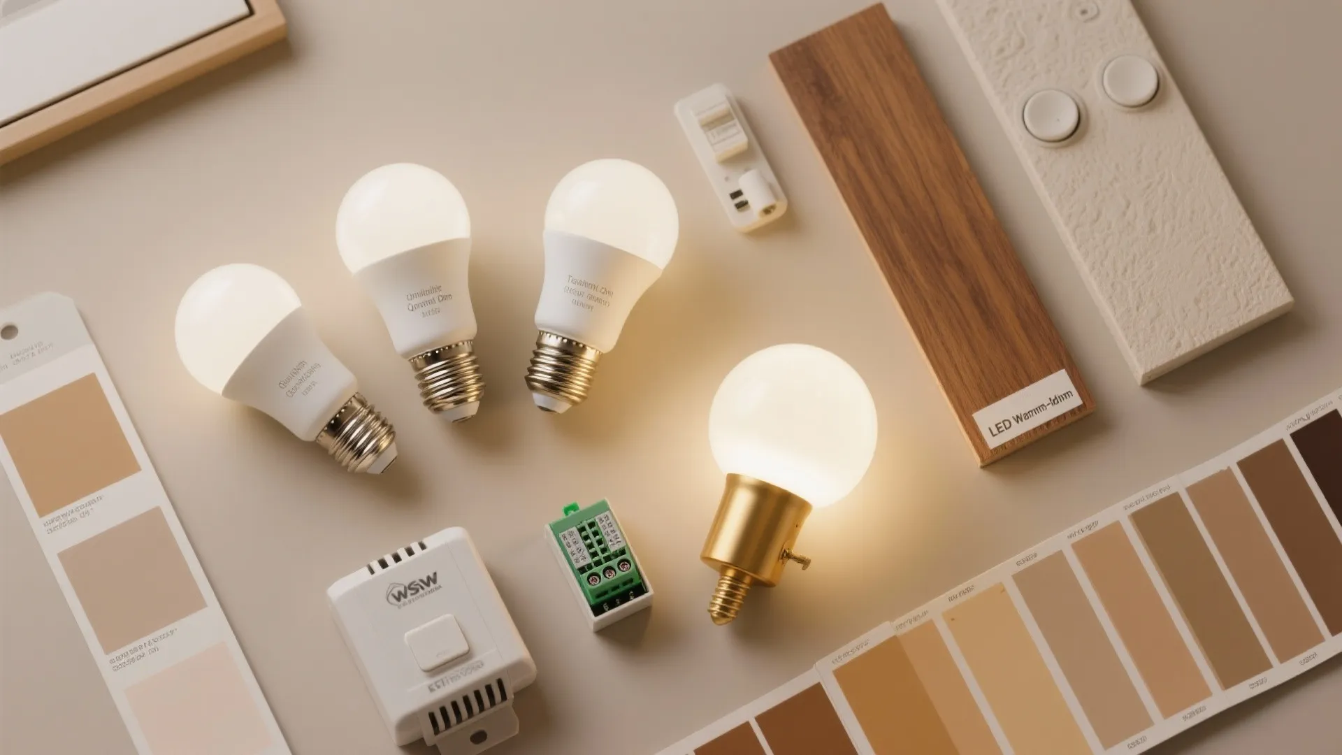 Four glowing light bulbs on table with wood panel color palette and electric light switches