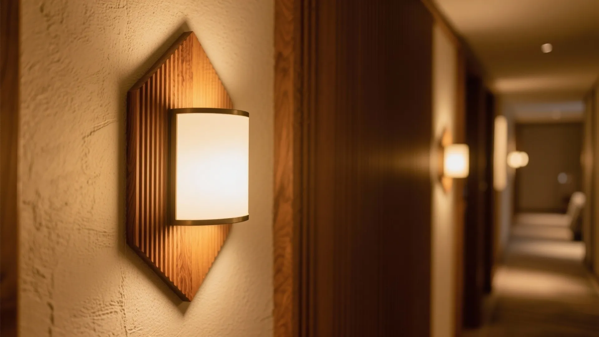 Modern wood wall light in a long hallway with warm glow and soft lighting design