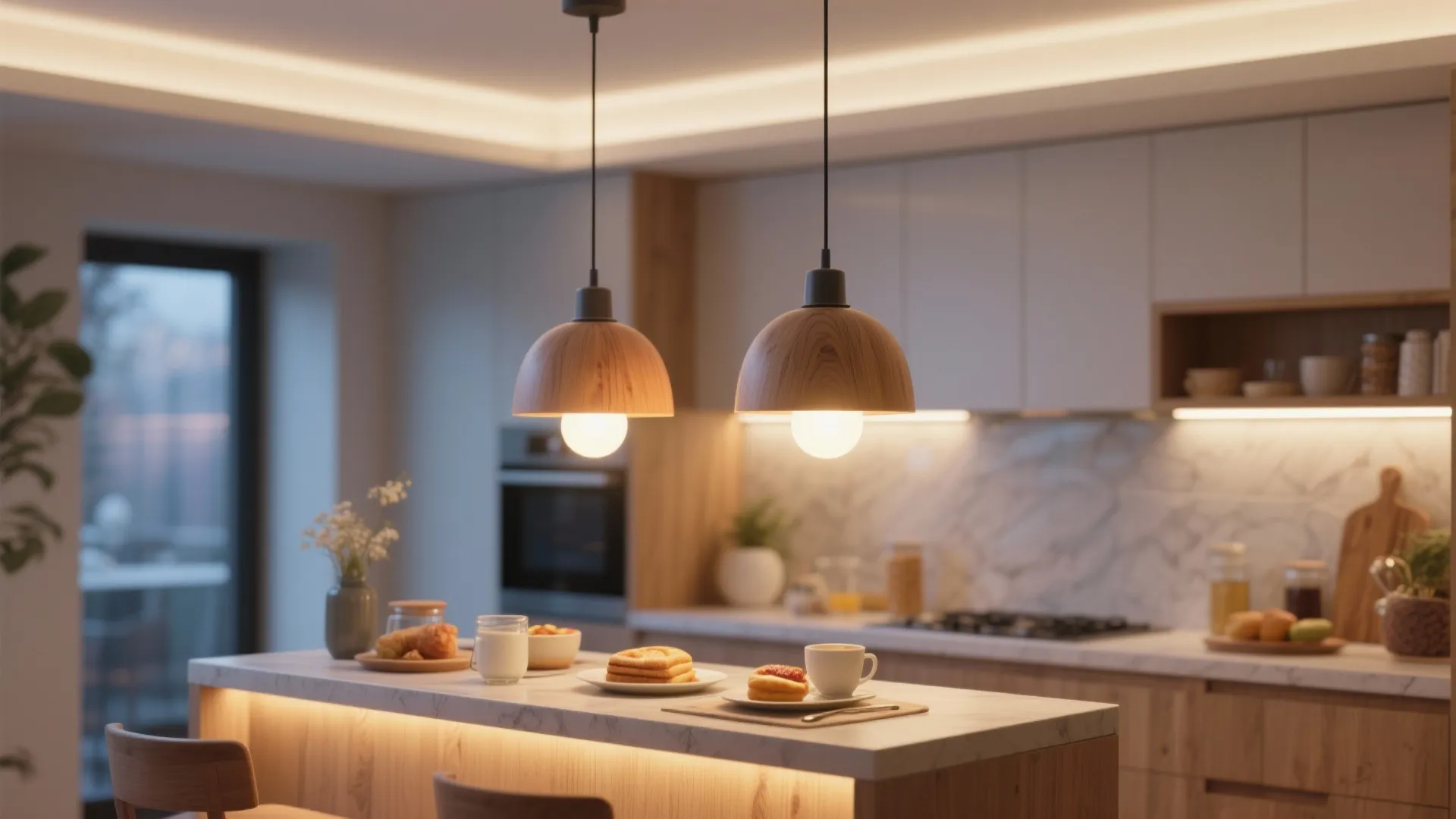 Warm-dim pendants over the compact island