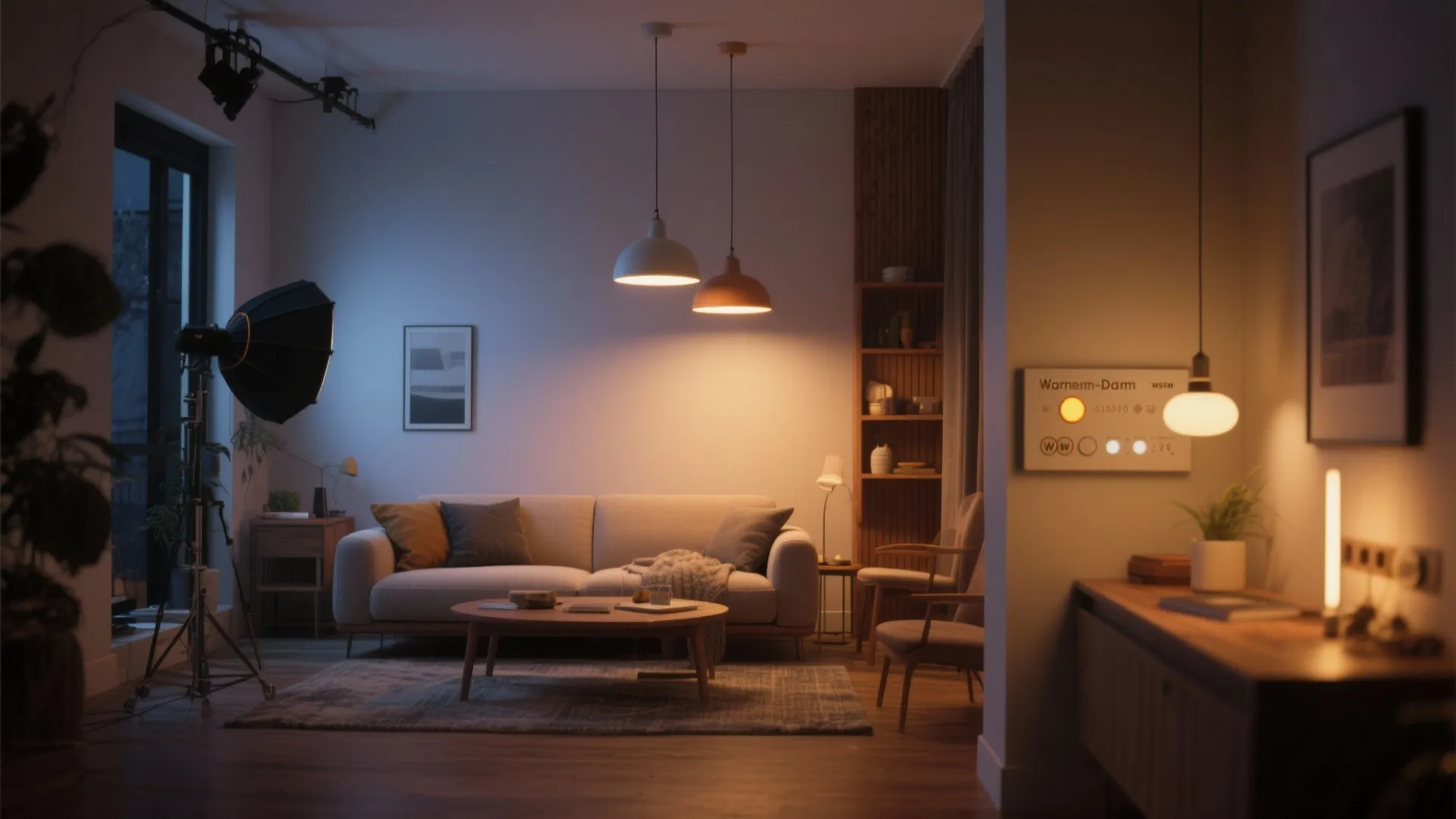 Cozy living room with grey sofa wooden coffee table and warm hanging ceiling light fixtures