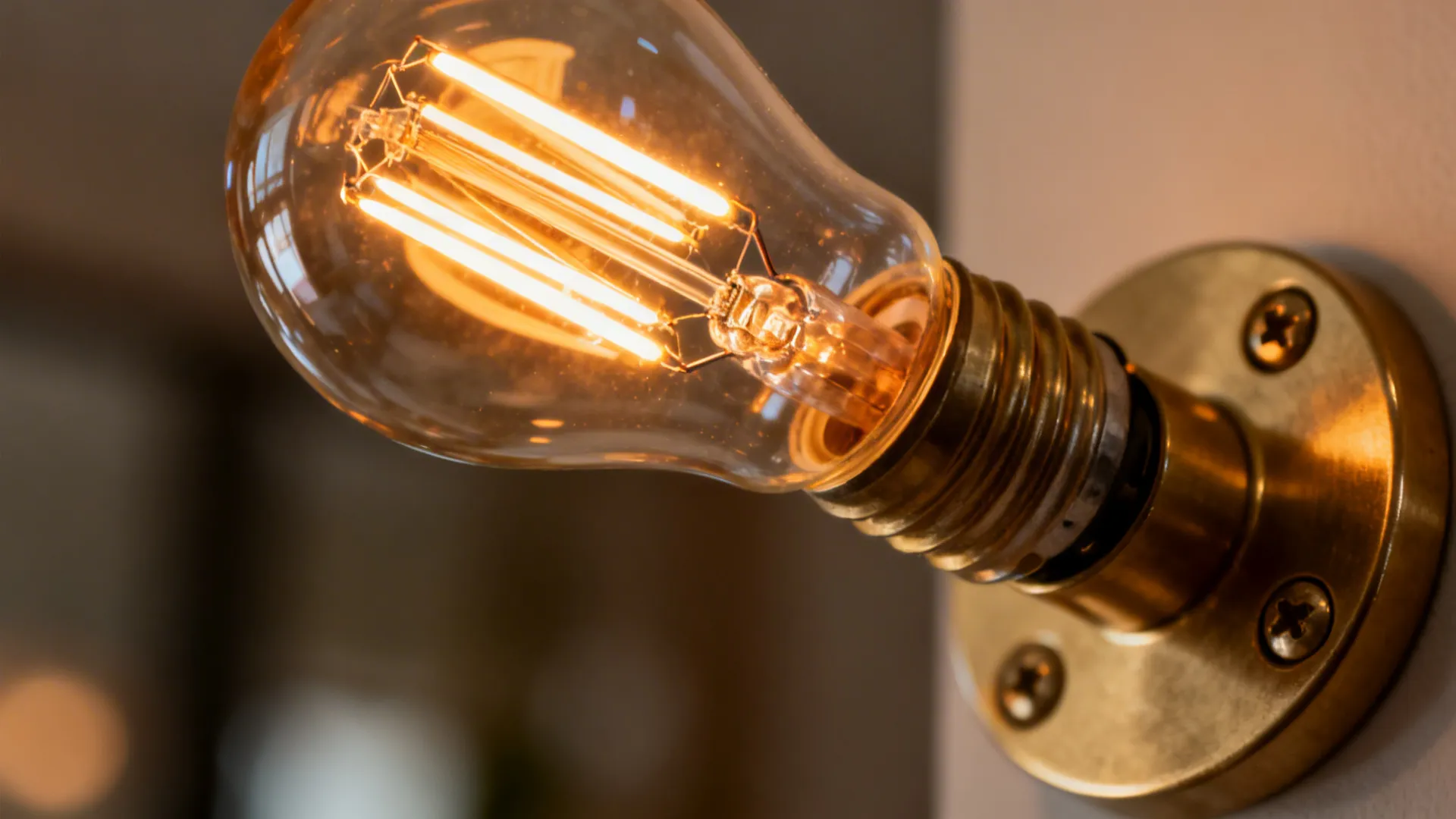 Close-up of a dimmable warm white LED bulb emitting an amber glow in a brass lamp.