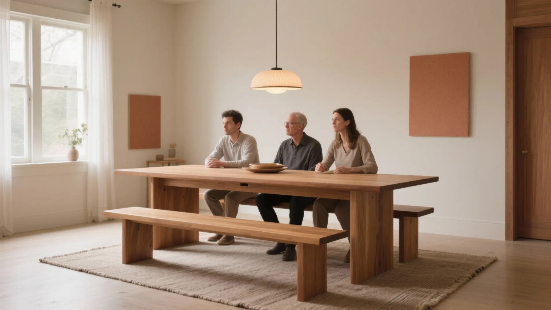 Three people sitting at a wooden dining table with benches under a warm ceiling light