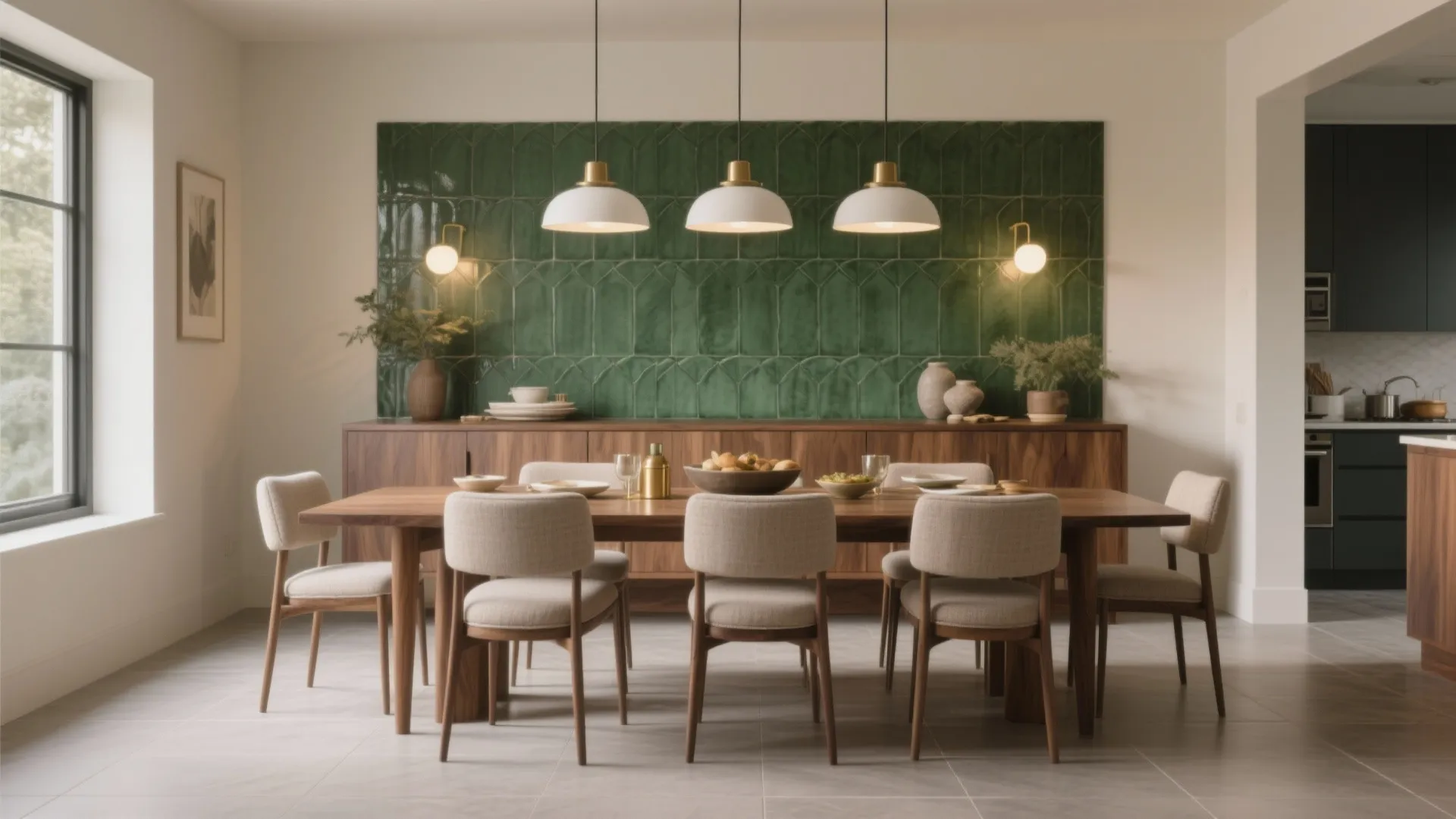 Modern dining room with wooden table beige chairs green tiled wall three white ceiling lights