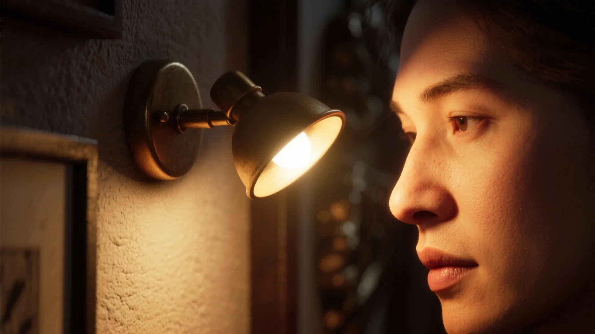 Woman looking at a warm wall light with a golden finish on a textured wall