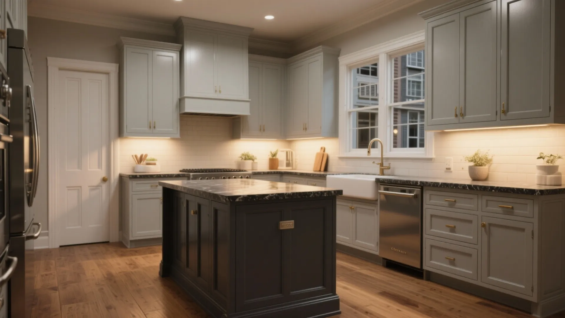 Traditional kitchen with grey cabinets dark central island white sink wooden floor and warm lights
