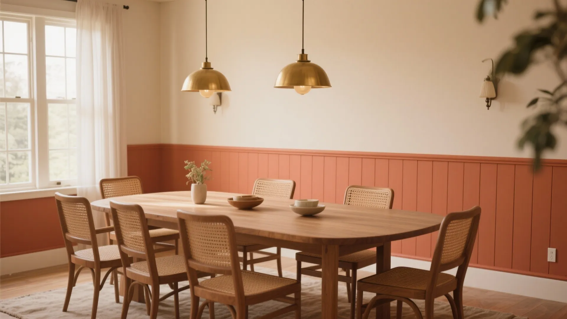 Dining room in terracotta below and sand above chair rail