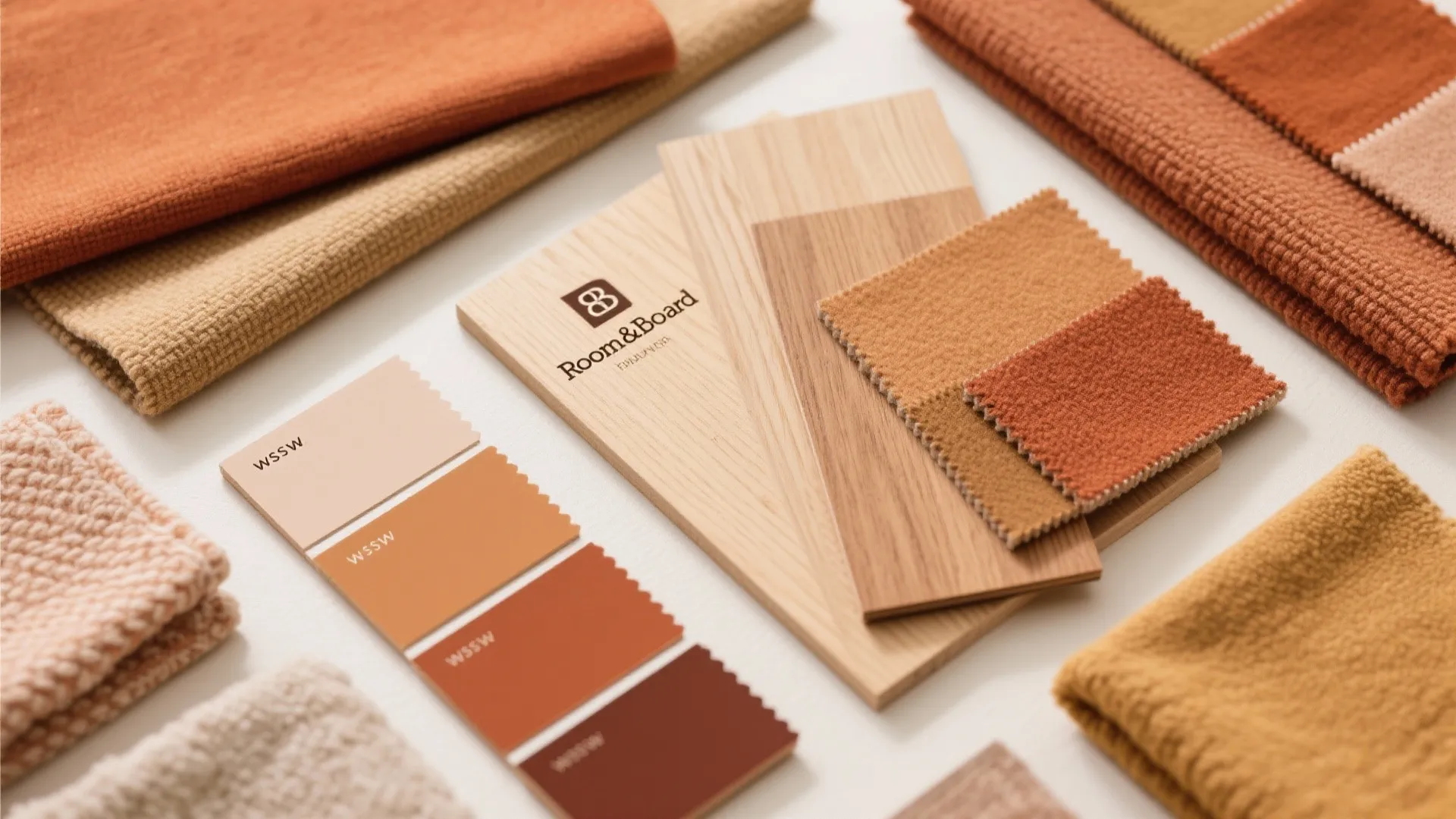Flatlay of warm earth tone palette with fabric and wood samples